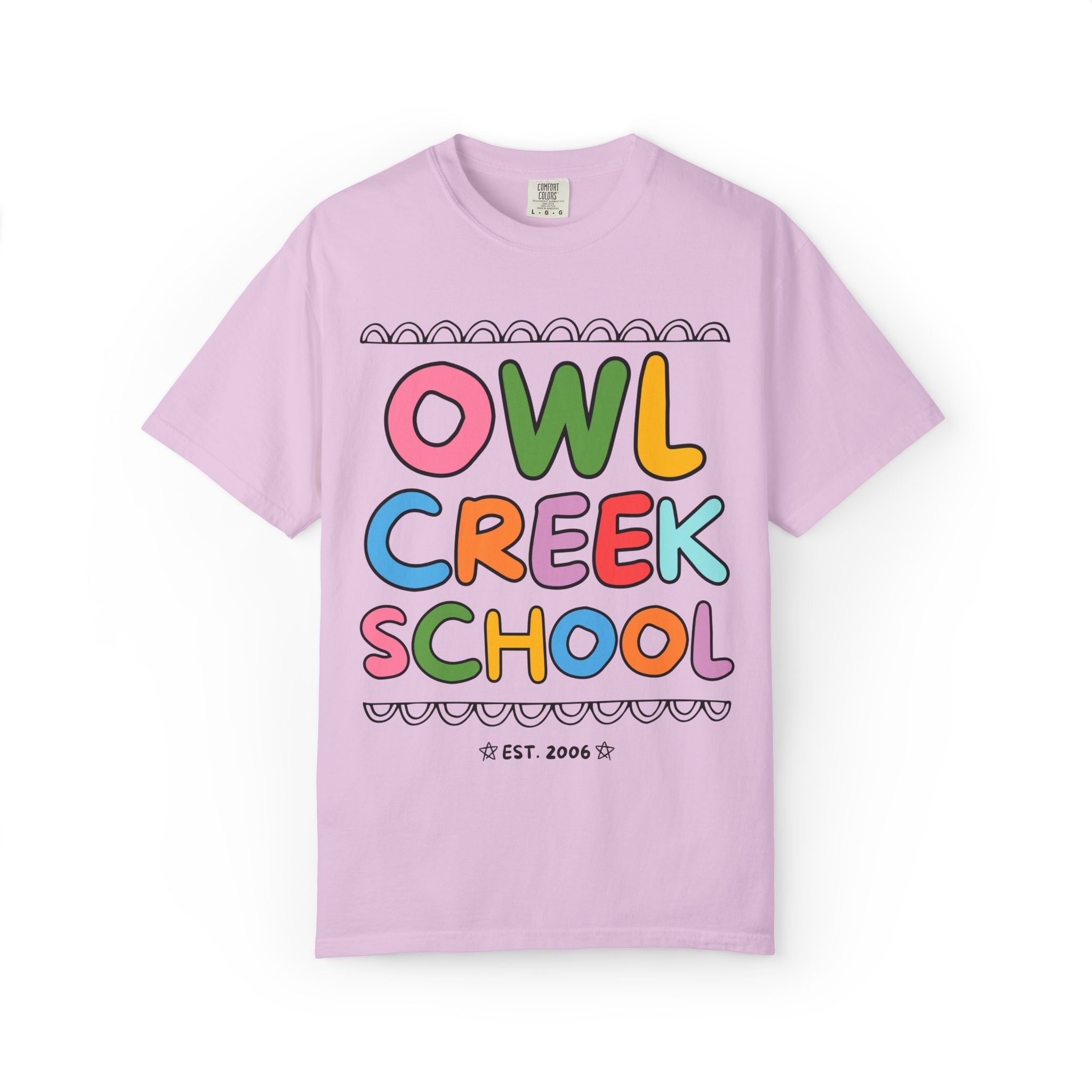Owl Creek Elementary School Tee Shirt: Rainbow Letters - Opal and June