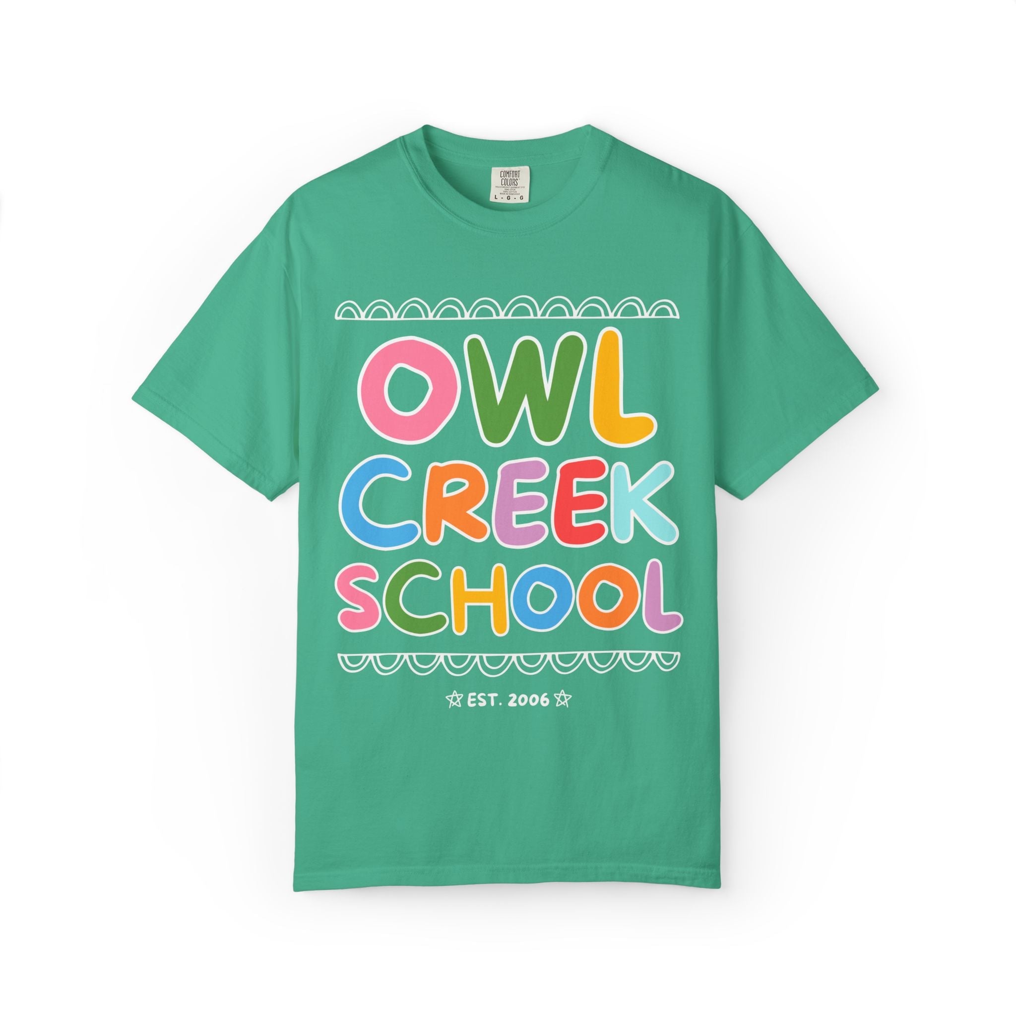 Owl Creek Elementary School Tee Shirt: Rainbow Letters - Opal and June