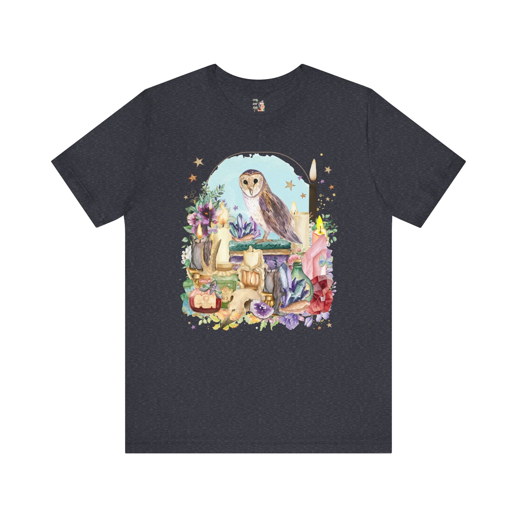 Owl Tee Shirt of Watercolor Owl with Books and Candles, Flowers | Floral Owl T-Shirt with Spooky Owl, Spooky Halloween Tee Shirt, Fall Tee - Opal and June