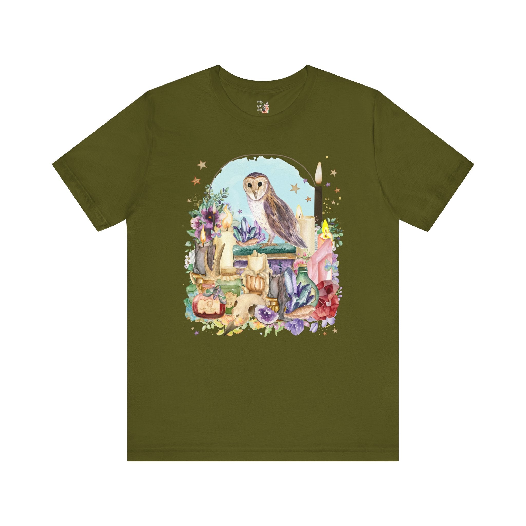 Owl Tee Shirt of Watercolor Owl with Books and Candles, Flowers | Floral Owl T-Shirt with Spooky Owl, Spooky Halloween Tee Shirt, Fall Tee - Opal and June