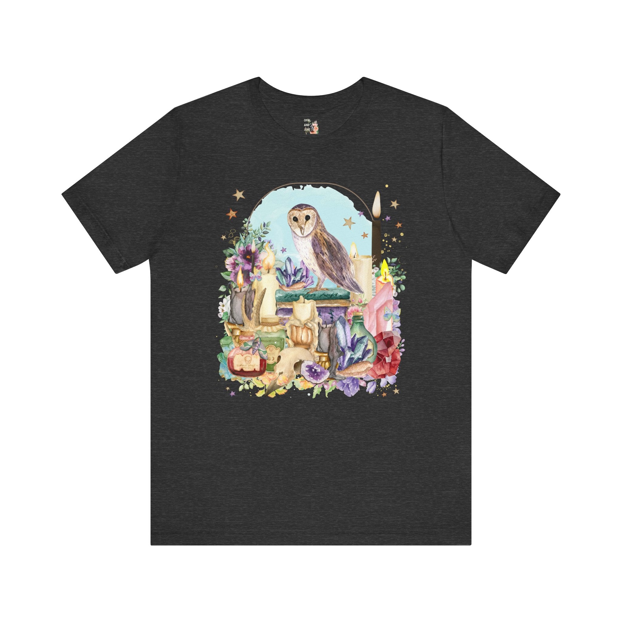Owl Tee Shirt of Watercolor Owl with Books and Candles, Flowers | Floral Owl T-Shirt with Spooky Owl, Spooky Halloween Tee Shirt, Fall Tee - Opal and June