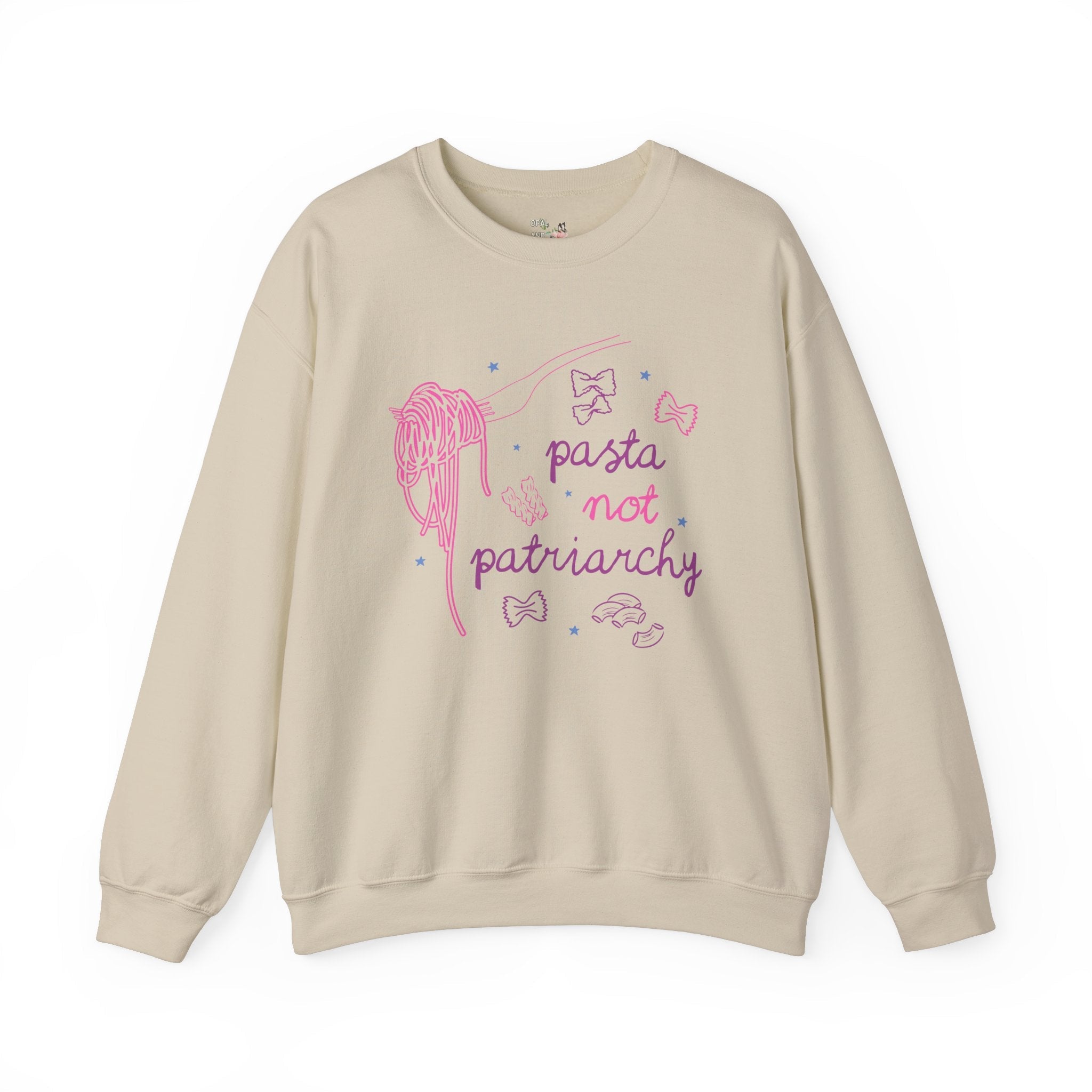 Pasta Not Patriarchy: Funny Saying Feminist Sweatshirt with Stars and Spaghetti, Cute Women's Rights or Equal Rights Crewneck for Leftist - Opal and June