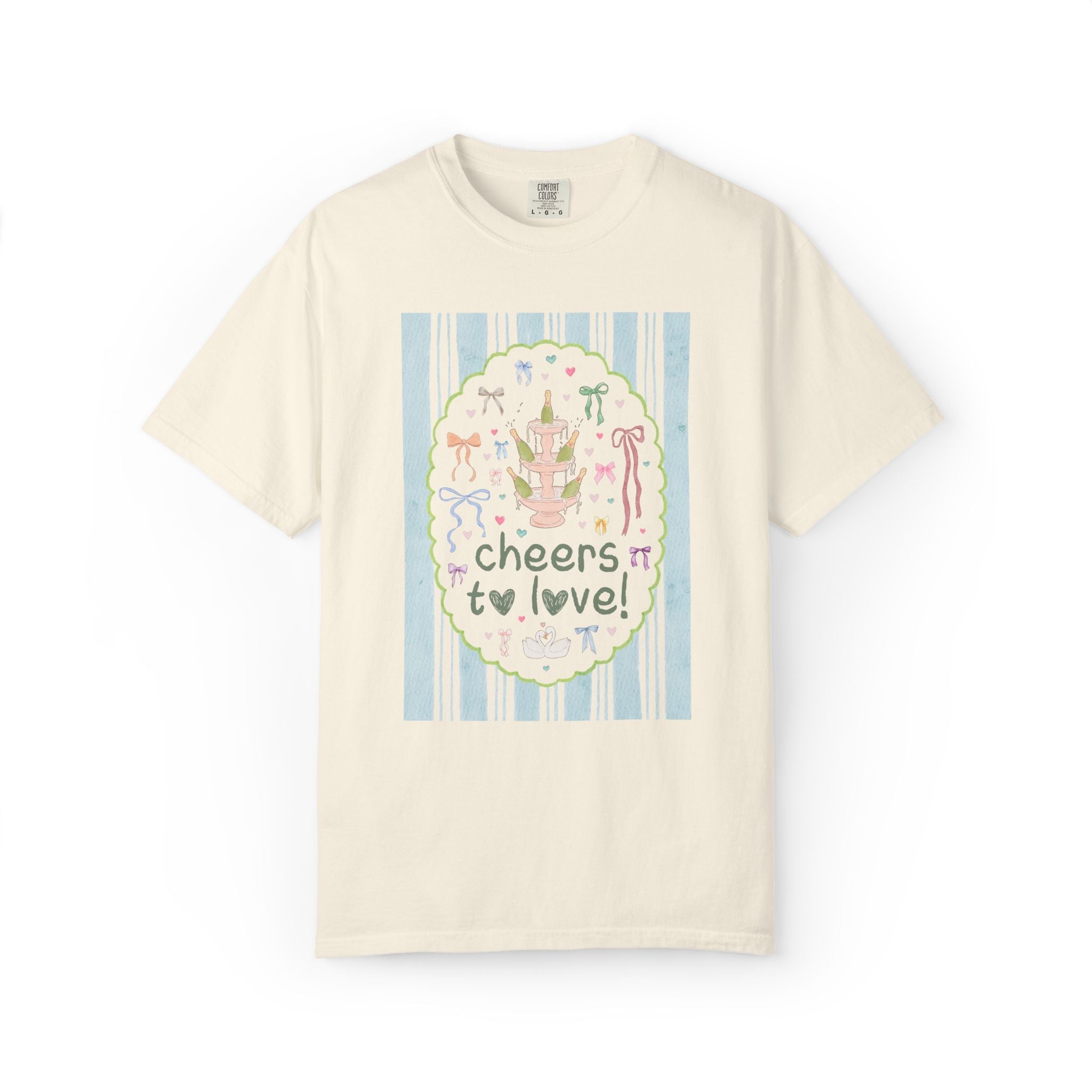 Pastel Matching Bachelorette Tee Shirt with Bows: Cheers to Love! | Funny Soft Girl Style Bridal Party Tee for Bridesmaids and Maid of Honor - Opal and June
