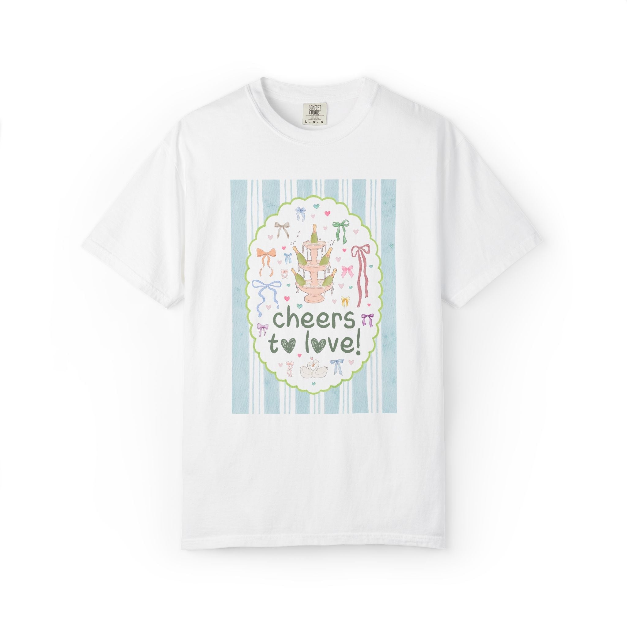 Pastel Matching Bachelorette Tee Shirt with Bows: Cheers to Love! | Funny Soft Girl Style Bridal Party Tee for Bridesmaids and Maid of Honor - Opal and June