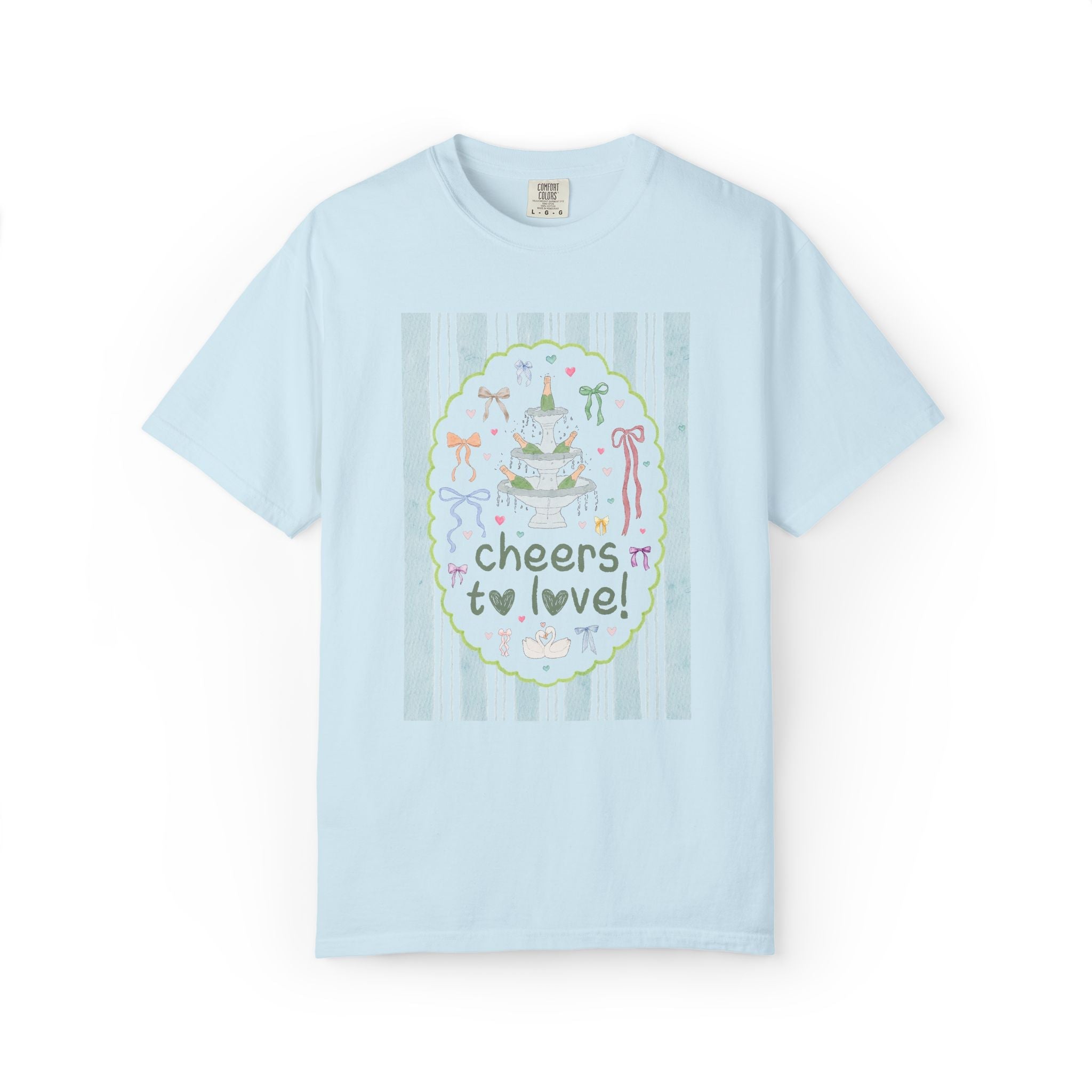 Pastel Matching Bachelorette Tee Shirt with Bows: Cheers to Love! | Funny Soft Girl Style Bridal Party Tee for Bridesmaids and Maid of Honor - Opal and June