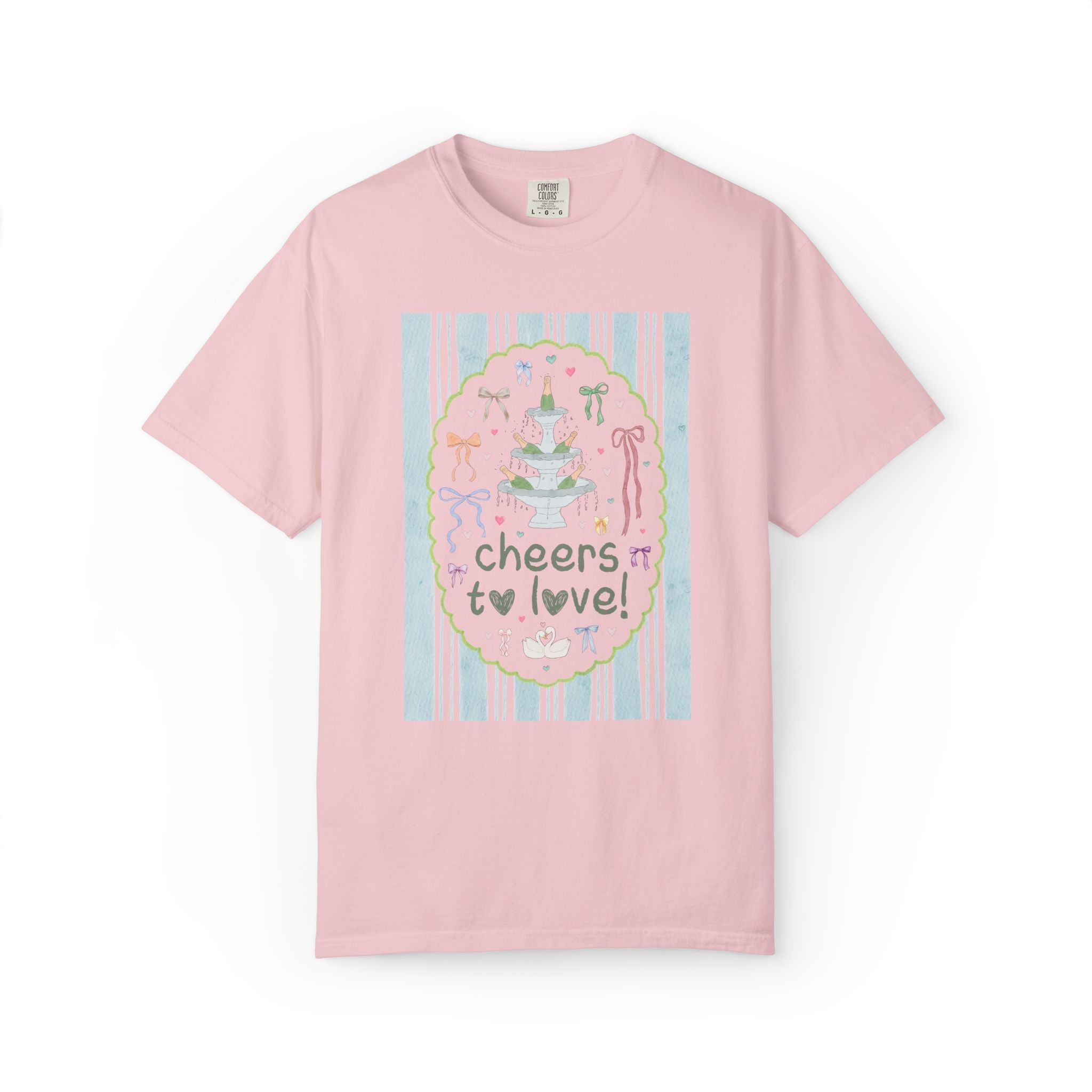 Pastel Matching Bachelorette Tee Shirt with Bows: Cheers to Love! | Funny Soft Girl Style Bridal Party Tee for Bridesmaids and Maid of Honor - Opal and June