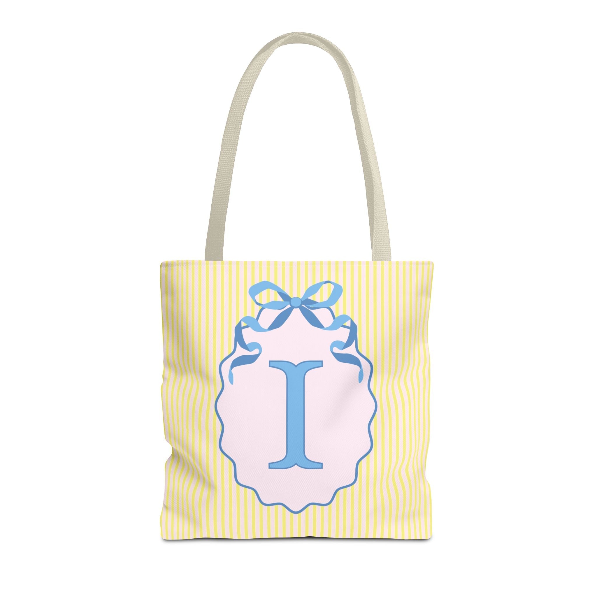 Peppy Initial Tote Bag with Initial and Cute Bow, Boho Hydrangea Flowers: I - Opal and June