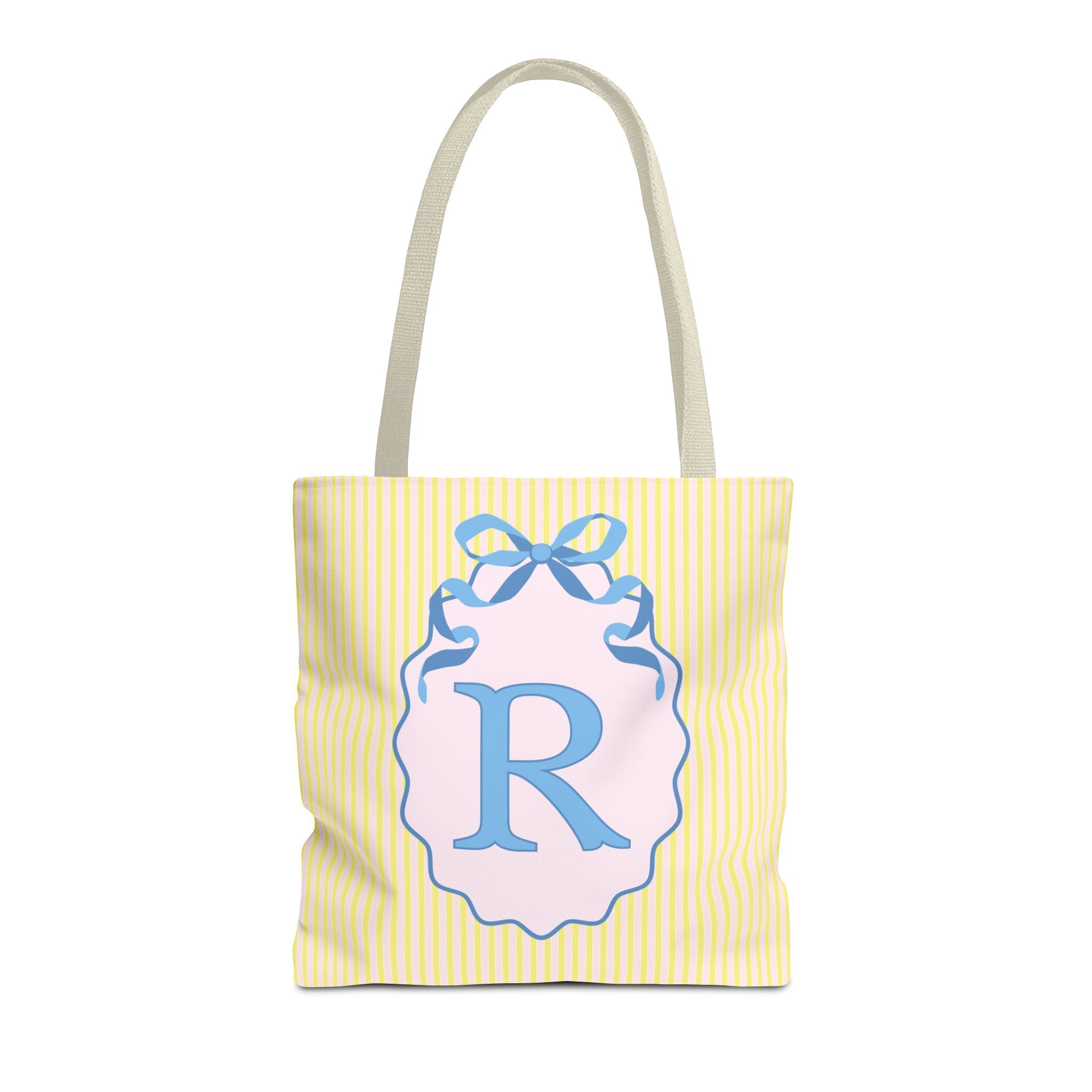 Peppy Initial Tote Bag with Initial and Cute Bow, Boho Hydrangea Flowers: R - Opal and June