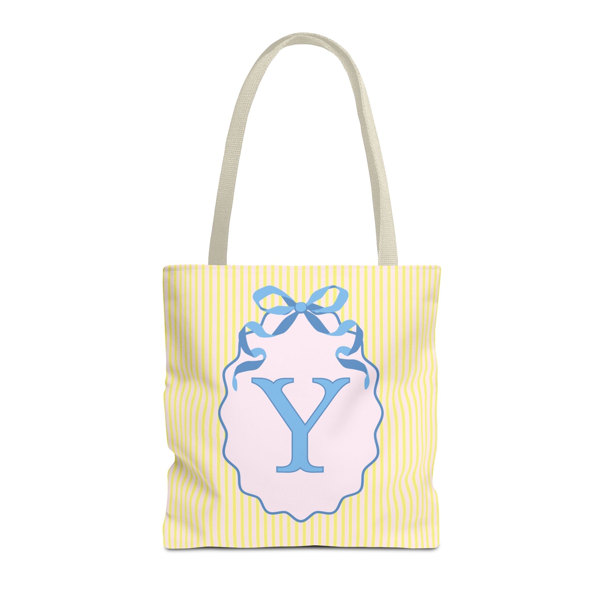Peppy Initial Tote Bag with Initial and Cute Bow, Boho Hydrangea Flowers: Y - Opal and June