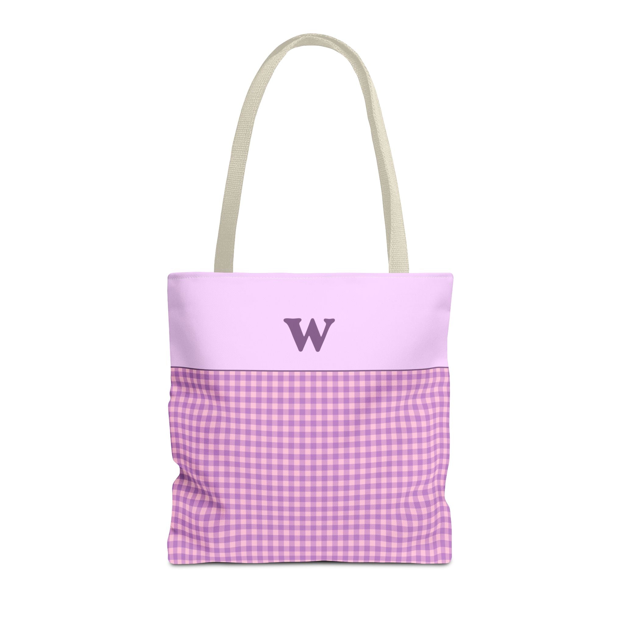 Personalized Initial Tote Bag, Cute Purple Gingham Tote Bag with Initial, Gift for Sister, Matching Wedding or Bachelorette Party Gift: W - Opal and June