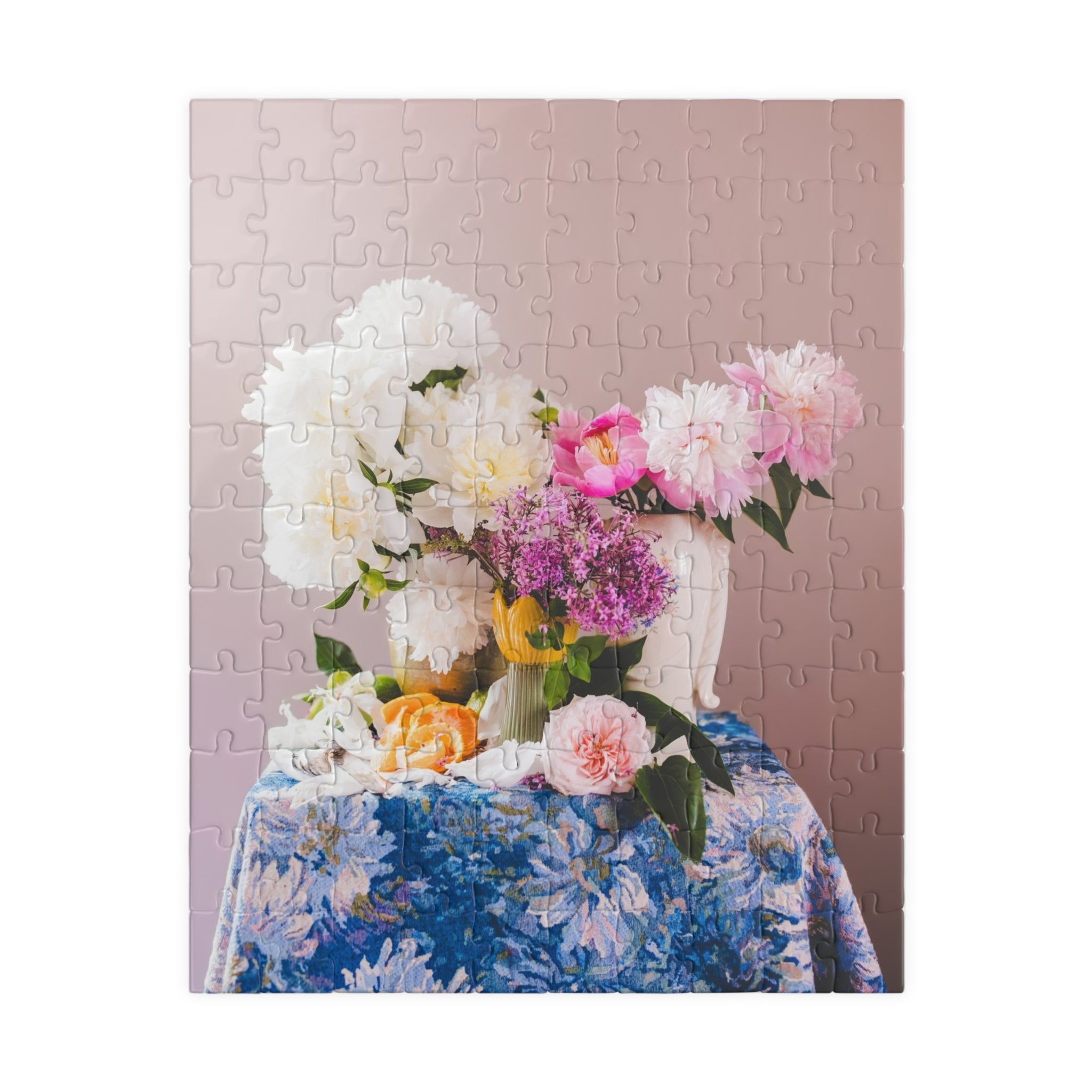 Pink and White Peony Flowers Puzzle with Oranges, Lilacs, and Floral Tablecloth - Opal and June