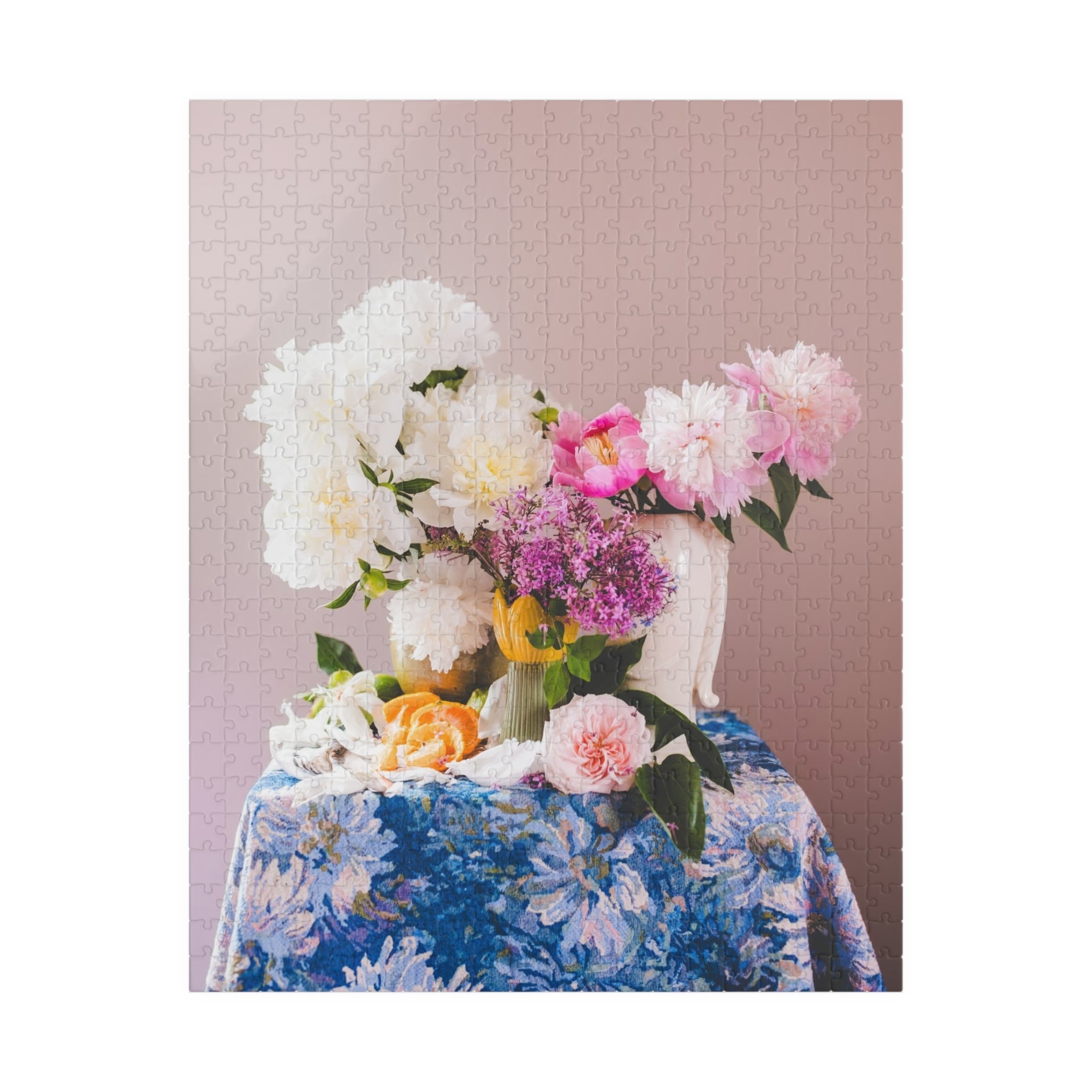 Pink and White Peony Flowers Puzzle with Oranges, Lilacs, and Floral Tablecloth - Opal and June