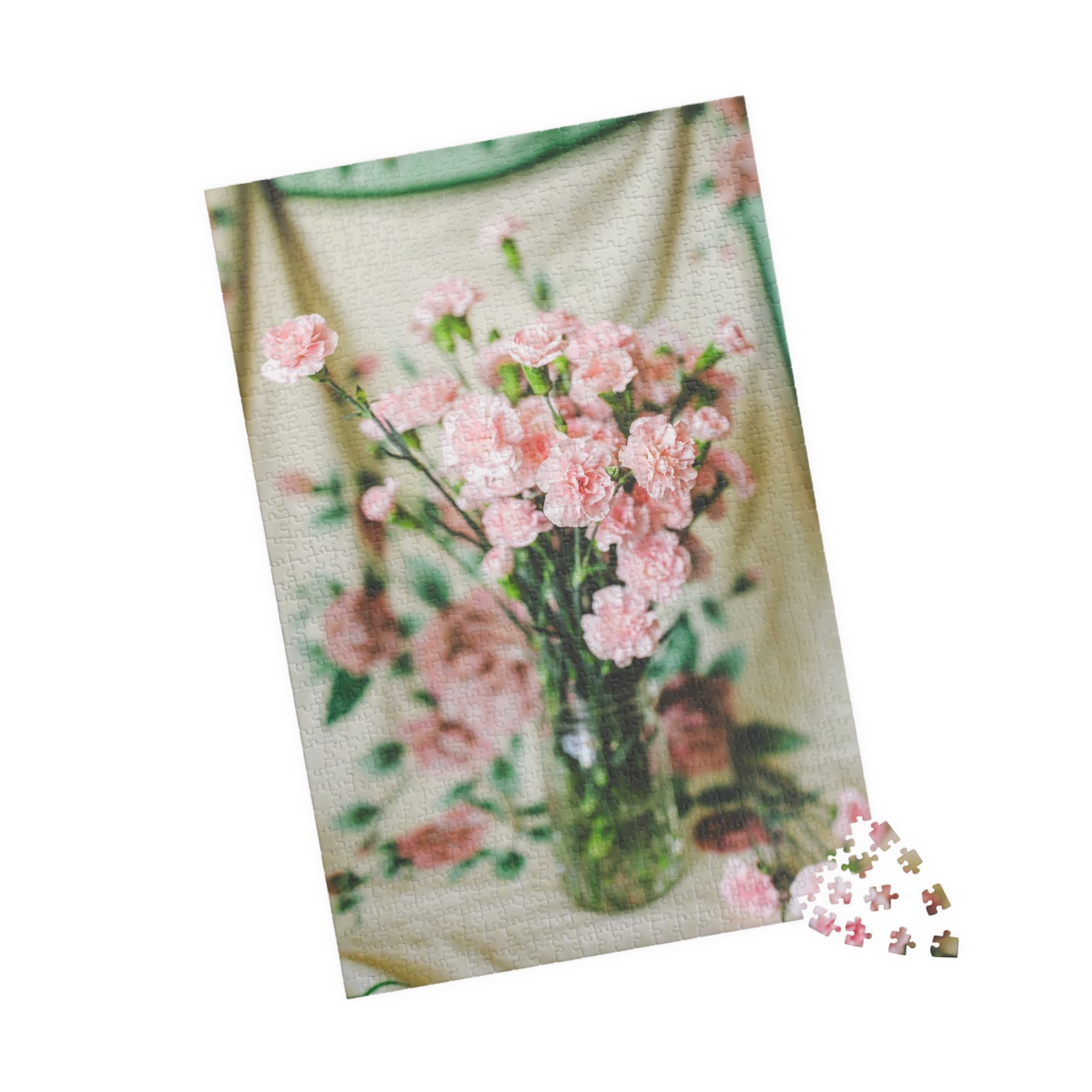 Pink Carnation Flower Puzzle: Original Photograph of Small Pink Flowers on Vintage Aesthetic Blanket, Floral Cottagecore Gift for Daughter - Opal and June