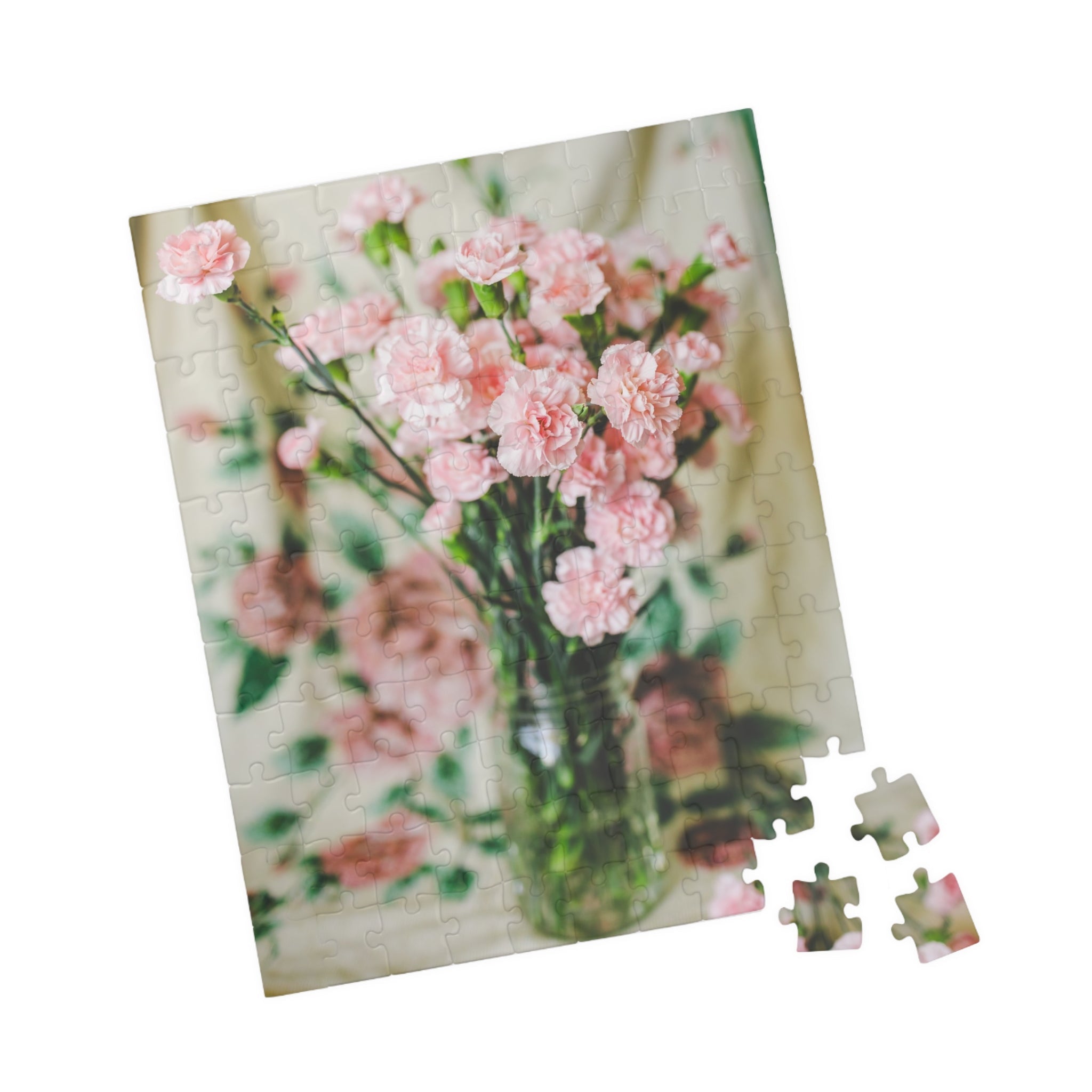 Pink Carnation Flower Puzzle: Original Photograph of Small Pink Flowers on Vintage Aesthetic Blanket, Floral Cottagecore Gift for Daughter - Opal and June