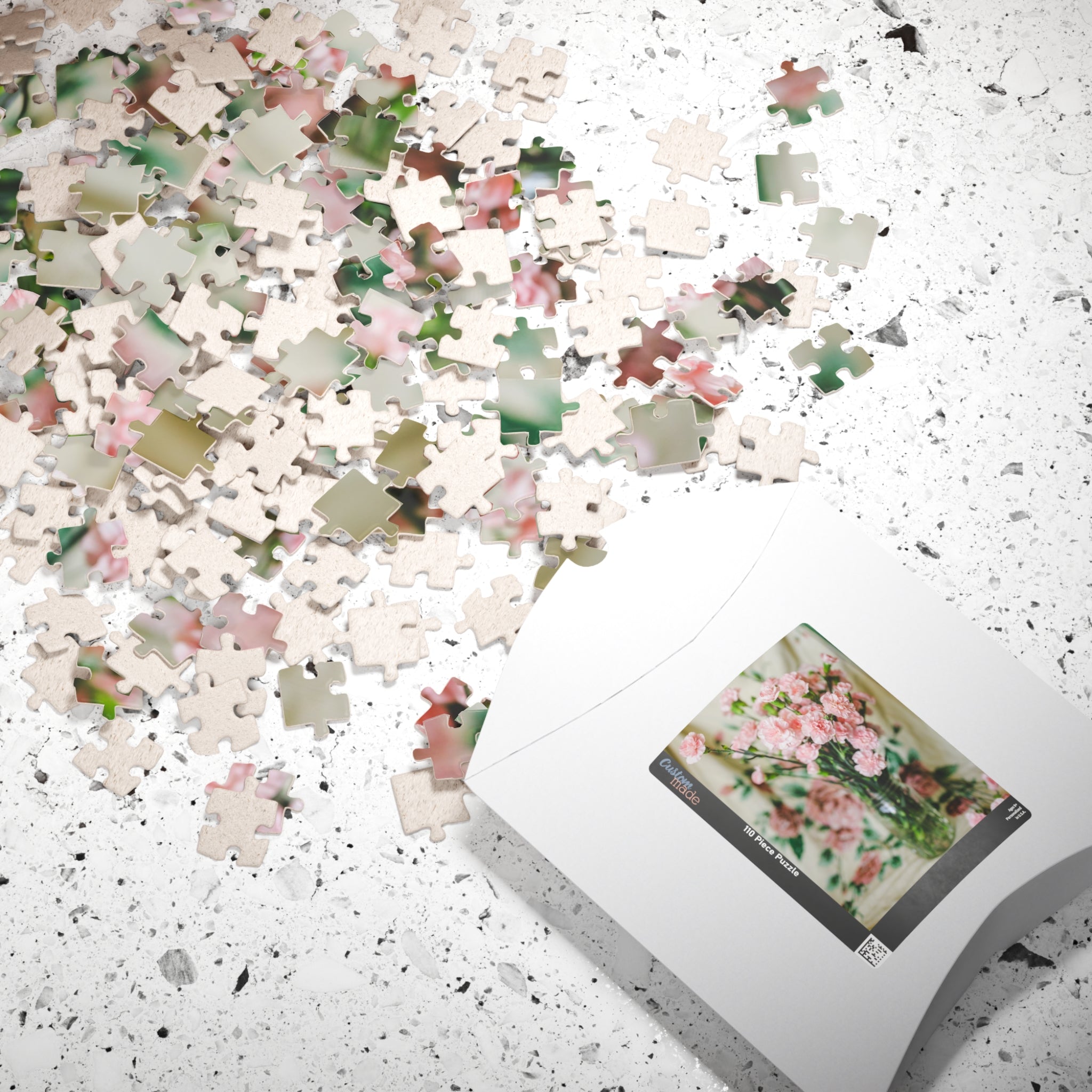 Pink Carnation Flower Puzzle: Original Photograph of Small Pink Flowers on Vintage Aesthetic Blanket, Floral Cottagecore Gift for Daughter - Opal and June