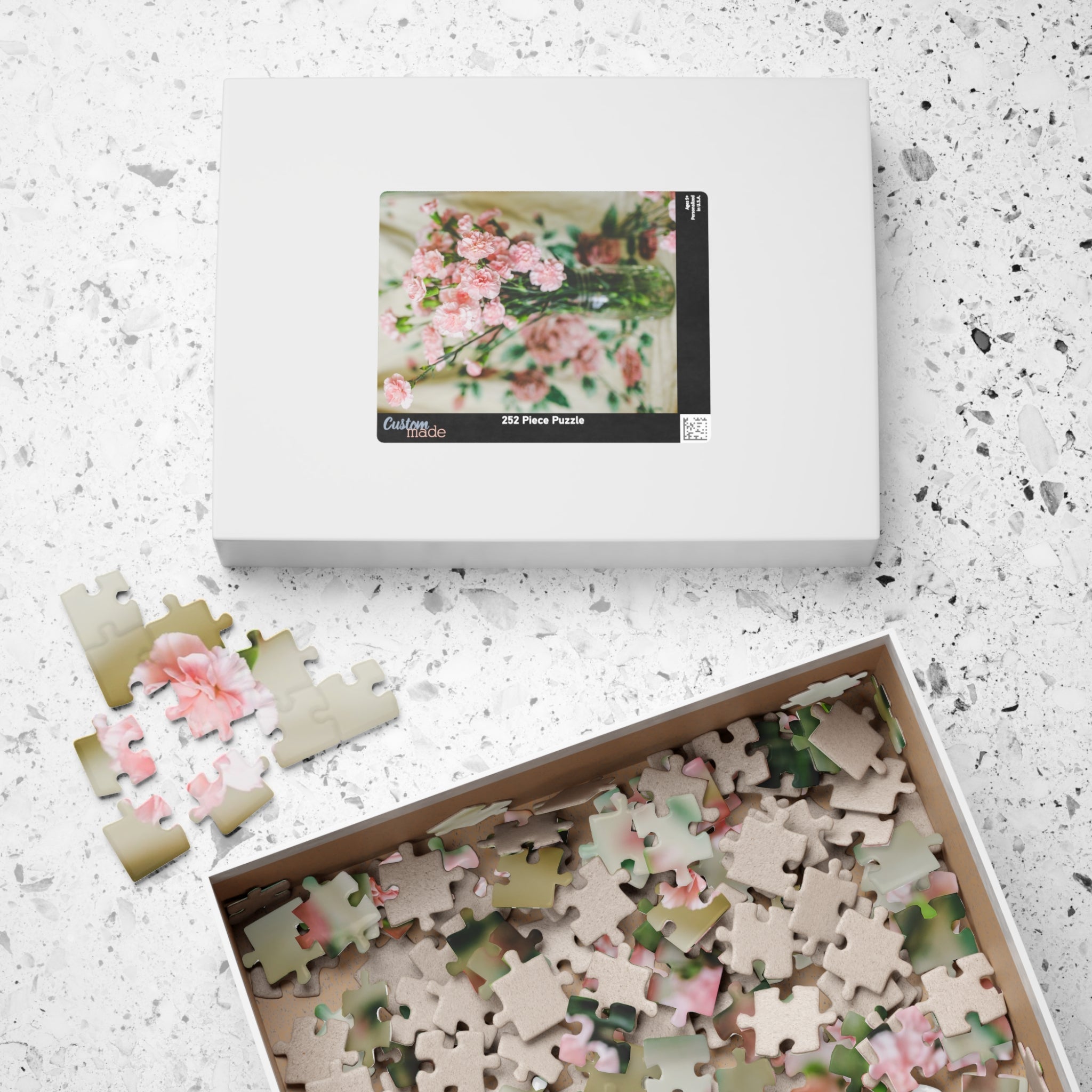 Pink Carnation Flower Puzzle: Original Photograph of Small Pink Flowers on Vintage Aesthetic Blanket, Floral Cottagecore Gift for Daughter - Opal and June