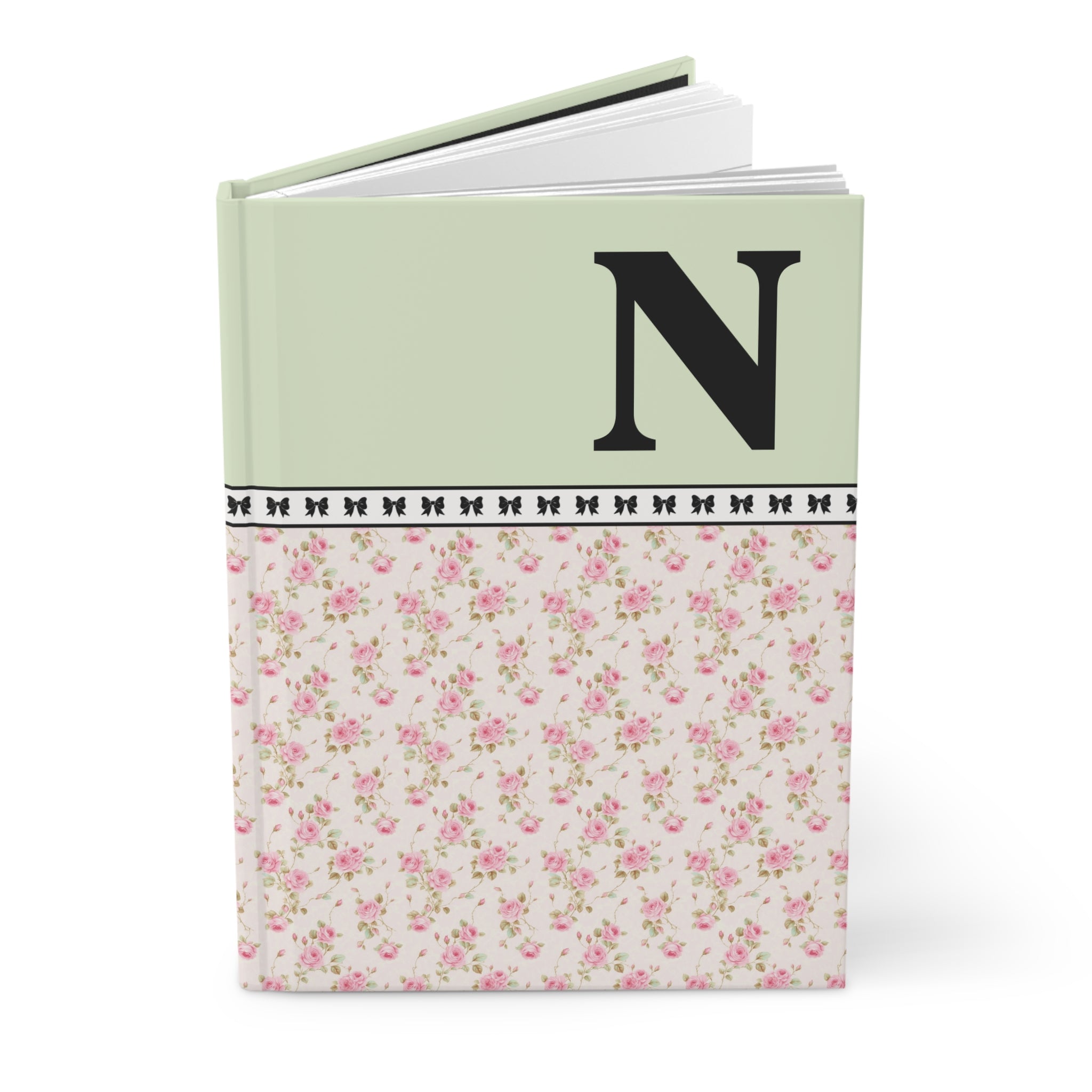 Pink Floral Notebook with Initial and Bows: N - Opal and June