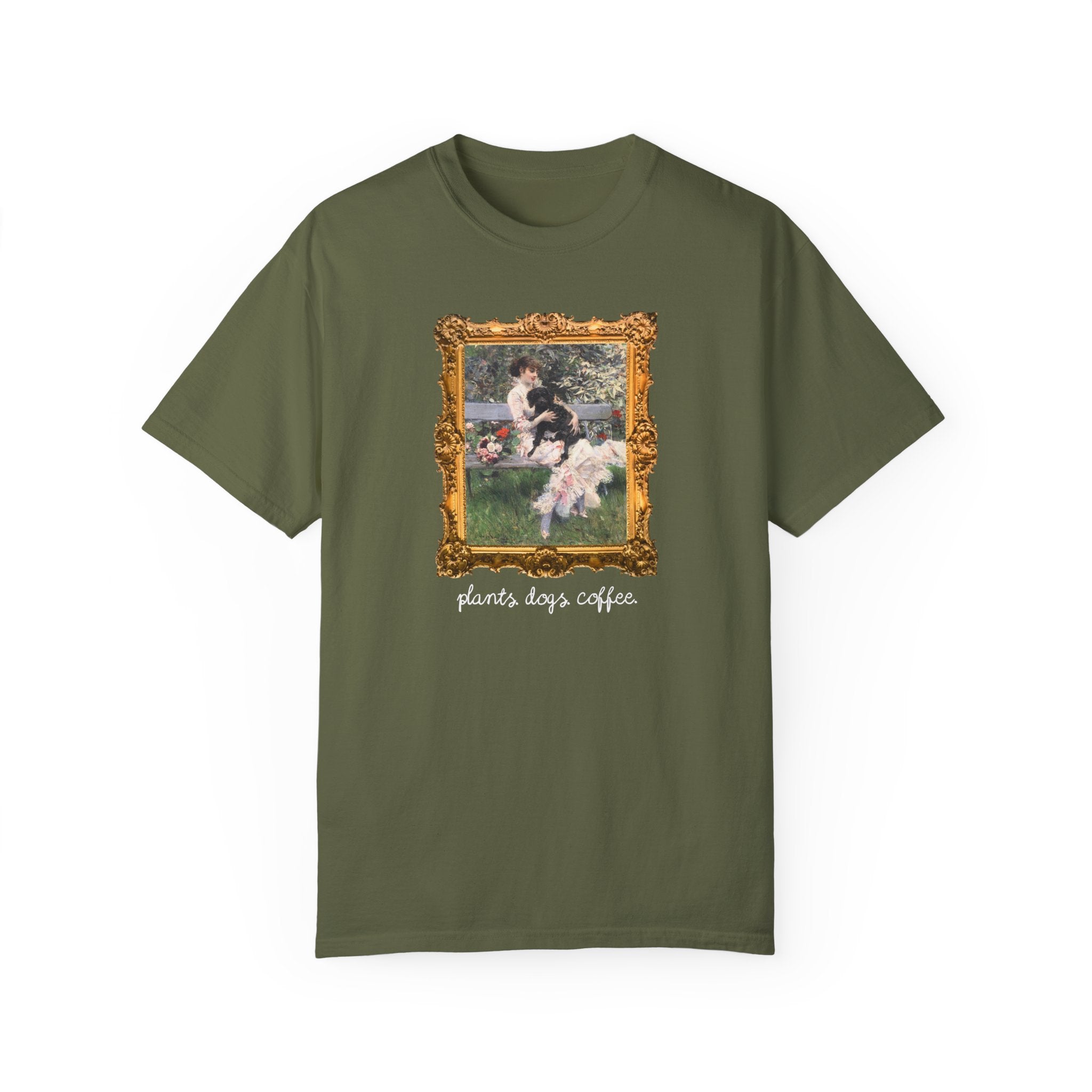 Plant Lover Tee Shirt for Art Historian Who Loves Gardening and Coffee, Cute Mother's Day Gift for Dog Lover, Gardening Gift for Grandma - Opal and June