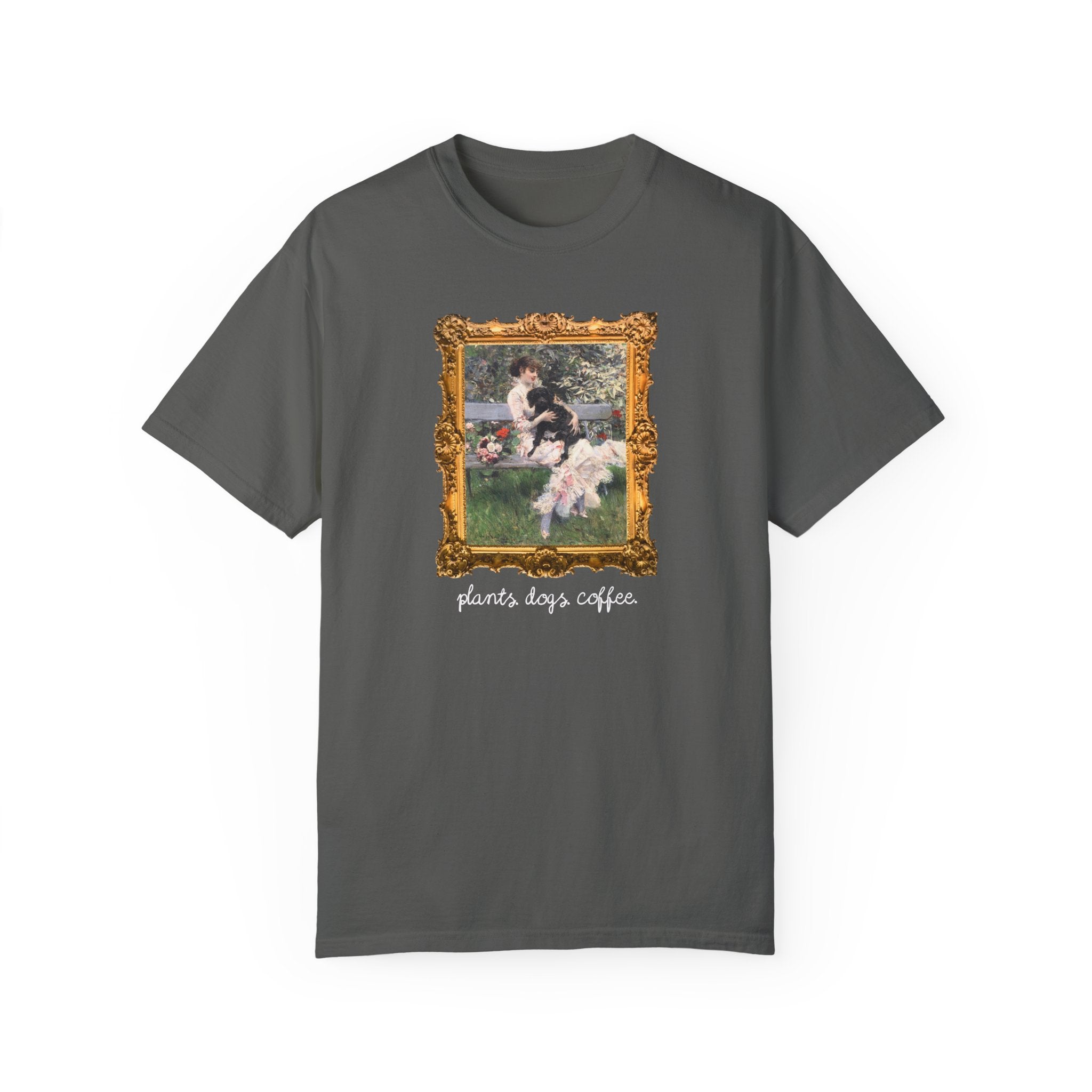 Plant Lover Tee Shirt for Art Historian Who Loves Gardening and Coffee, Cute Mother's Day Gift for Dog Lover, Gardening Gift for Grandma - Opal and June