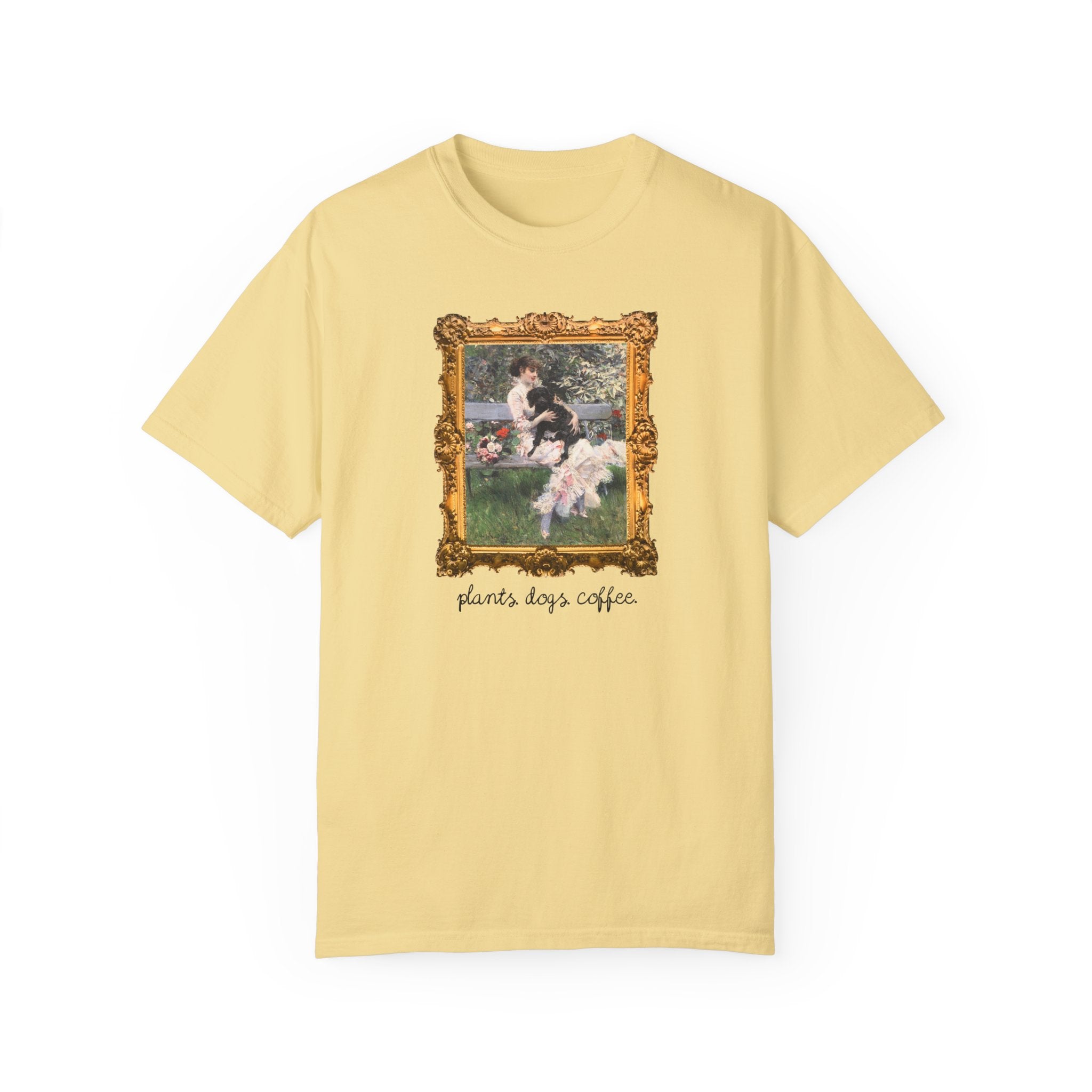 Plant Lover Tee Shirt for Art Historian Who Loves Gardening and Coffee, Cute Mother's Day Gift for Dog Lover, Gardening Gift for Grandma - Opal and June