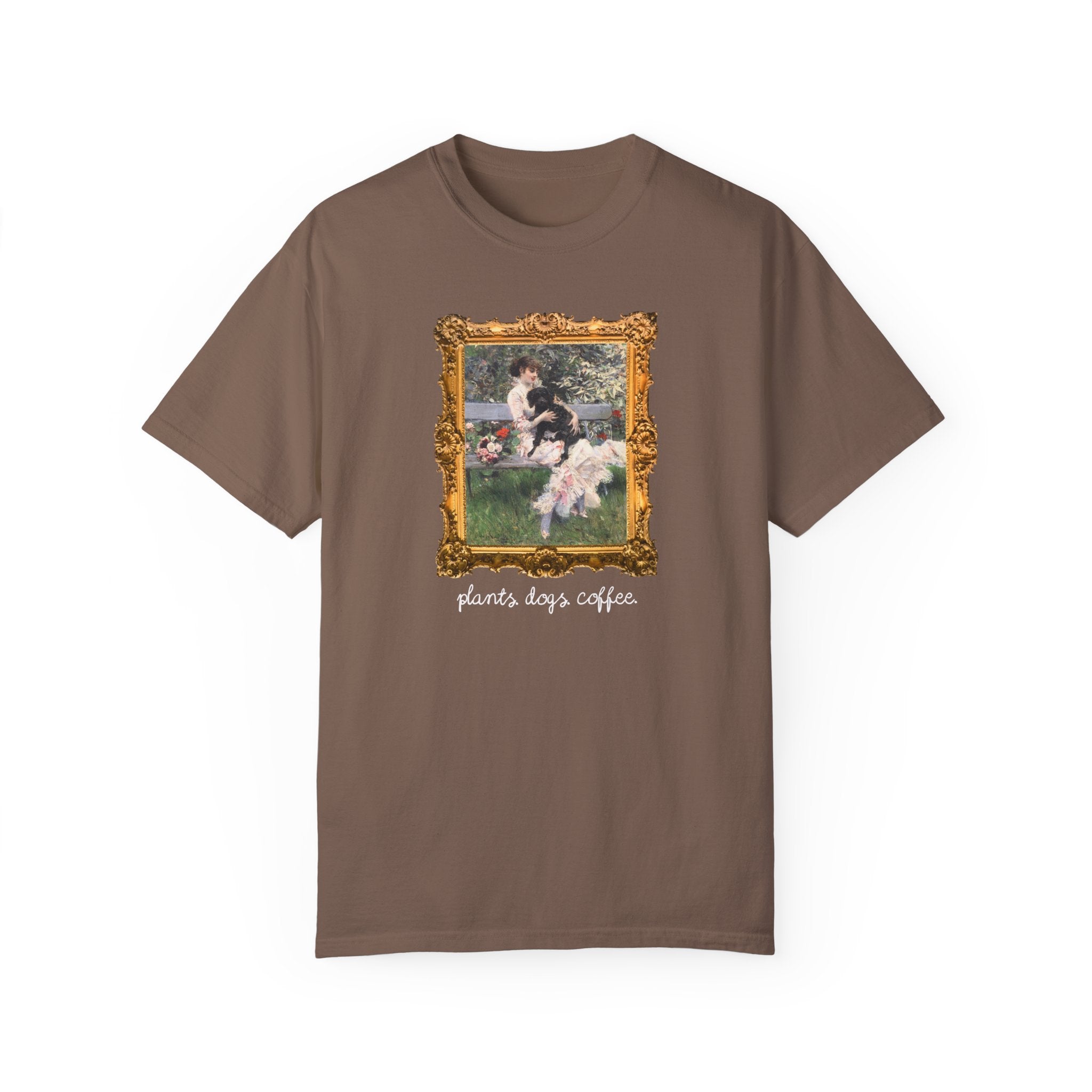 Plant Lover Tee Shirt for Art Historian Who Loves Gardening and Coffee, Cute Mother's Day Gift for Dog Lover, Gardening Gift for Grandma - Opal and June
