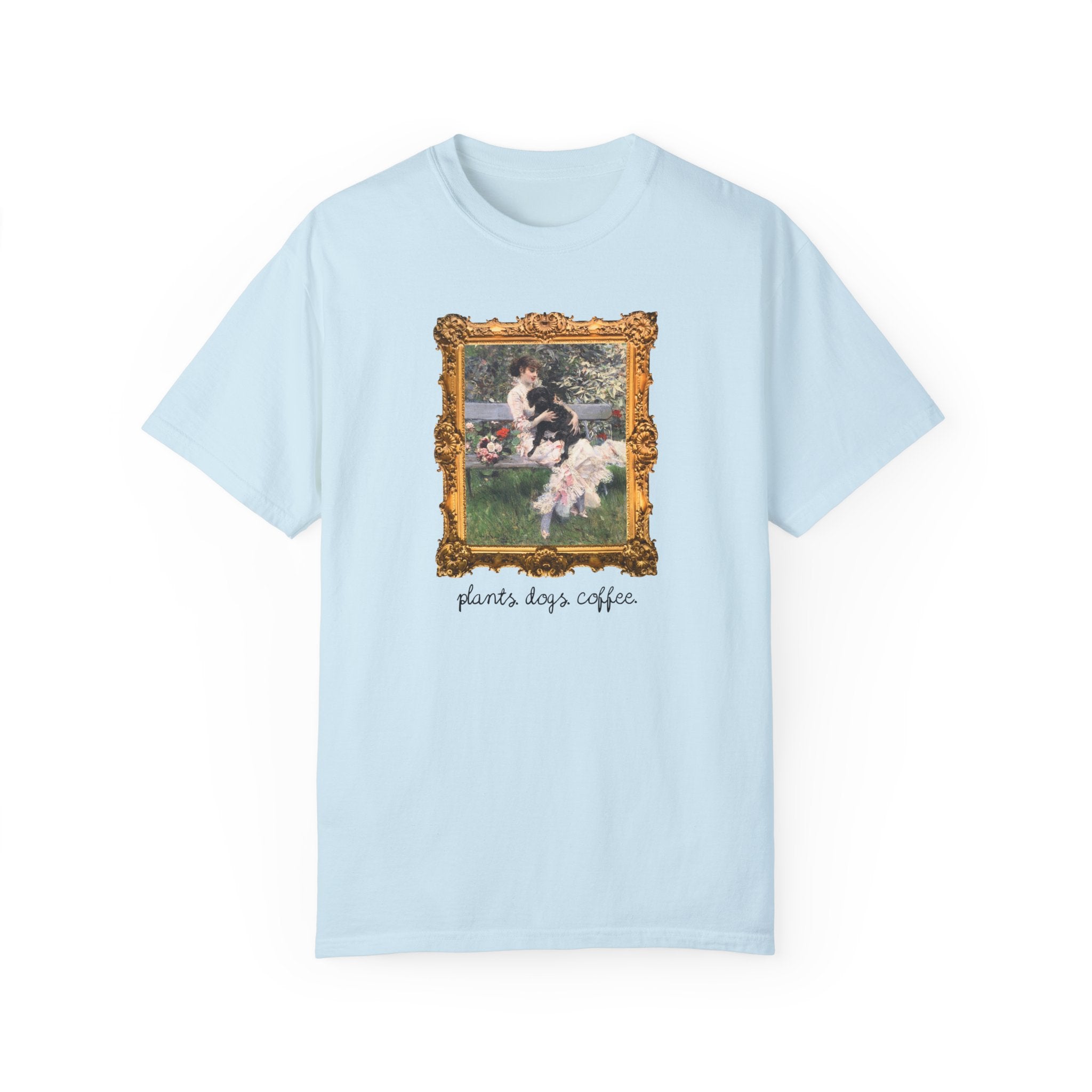 Plant Lover Tee Shirt for Art Historian Who Loves Gardening and Coffee, Cute Mother's Day Gift for Dog Lover, Gardening Gift for Grandma - Opal and June