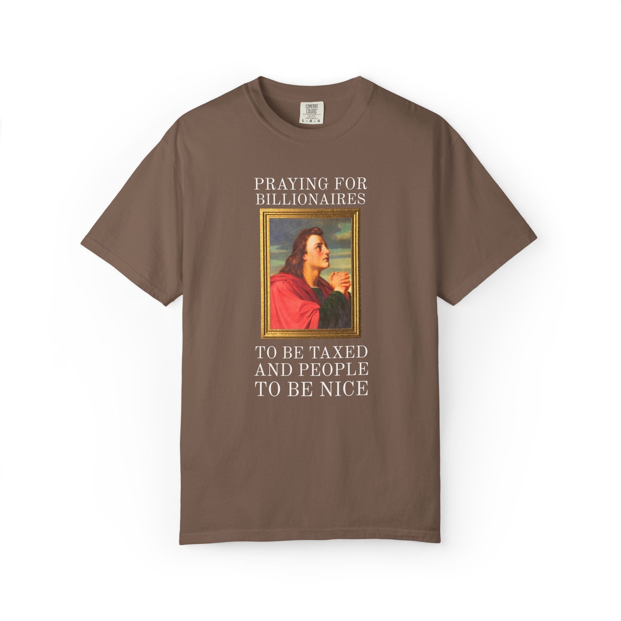 Political Left Sarcastic Christian Art History Tee Shirt: Praying for Billionaires to Be Taxed and People To Be Nice, Funny Equal Rights Tee - Opal and June
