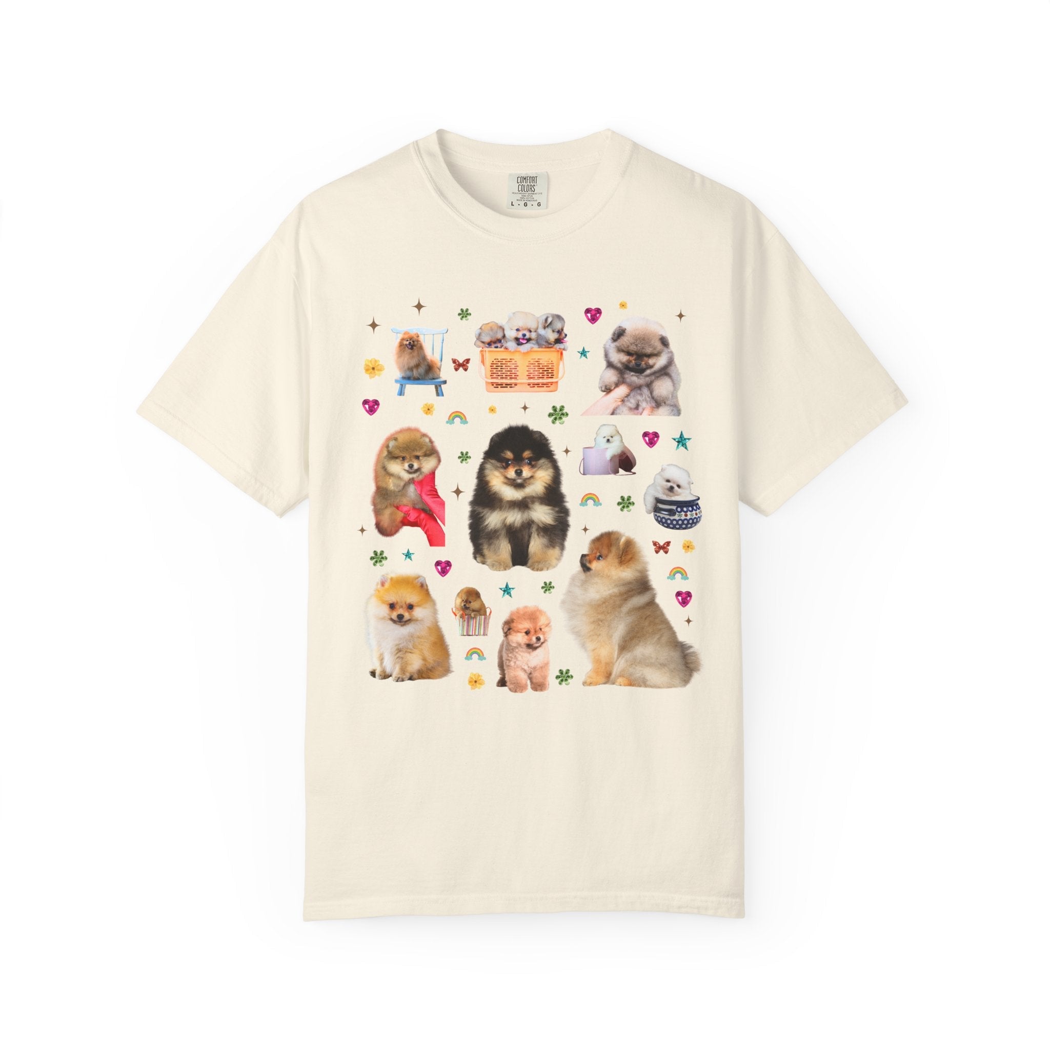 Pomeranian Puppy Lover Tee Shirt with Flowers and Hearts, Funny Animal Lover 90s Vibe Tee for Dog Owner or Friend Who Loves Pomeranians - Opal and June