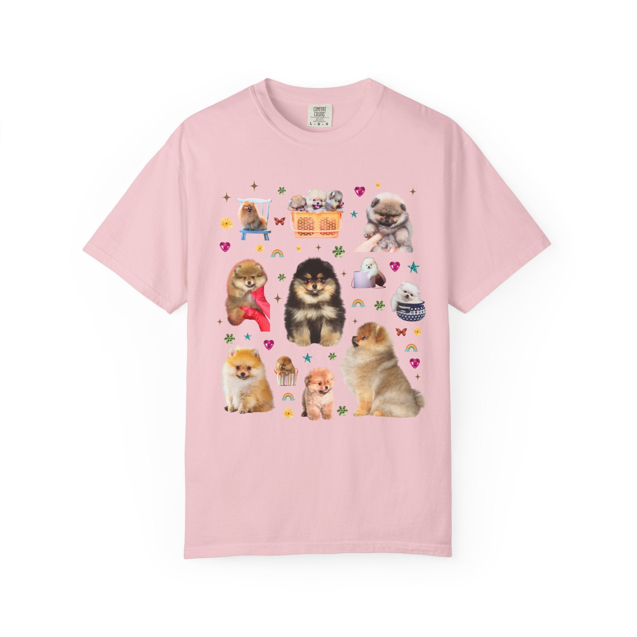 Pomeranian Puppy Lover Tee Shirt with Flowers and Hearts, Funny Animal Lover 90s Vibe Tee for Dog Owner or Friend Who Loves Pomeranians - Opal and June