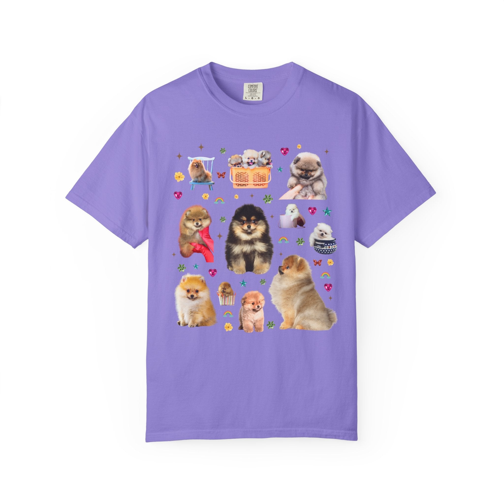 Pomeranian Puppy Lover Tee Shirt with Flowers and Hearts, Funny Animal Lover 90s Vibe Tee for Dog Owner or Friend Who Loves Pomeranians - Opal and June