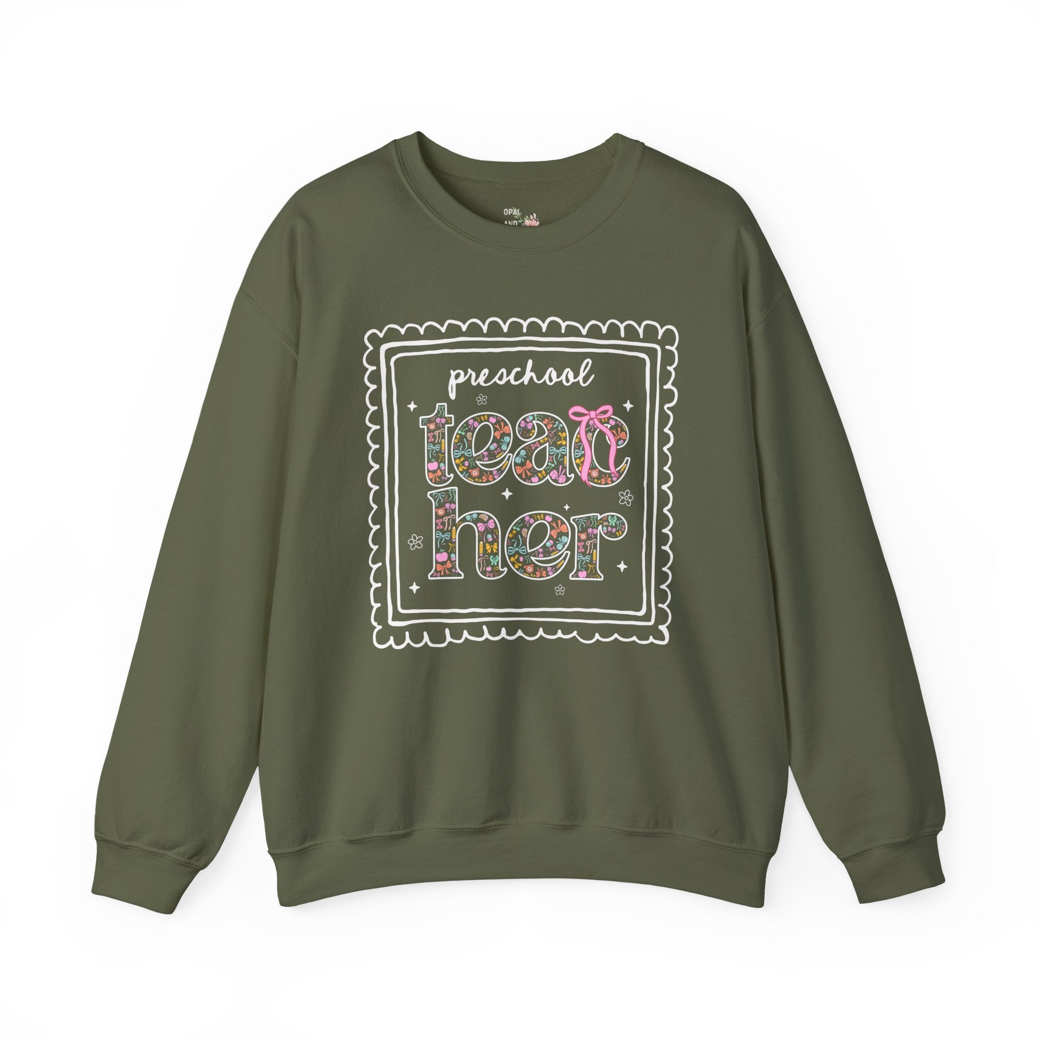 Preschool Teacher Sweatshirt for Back to School, Cute Floral Matching Preschool Crew T-Shirt with Bow and Cute Nineties Aesthetic Doodles - Opal and June