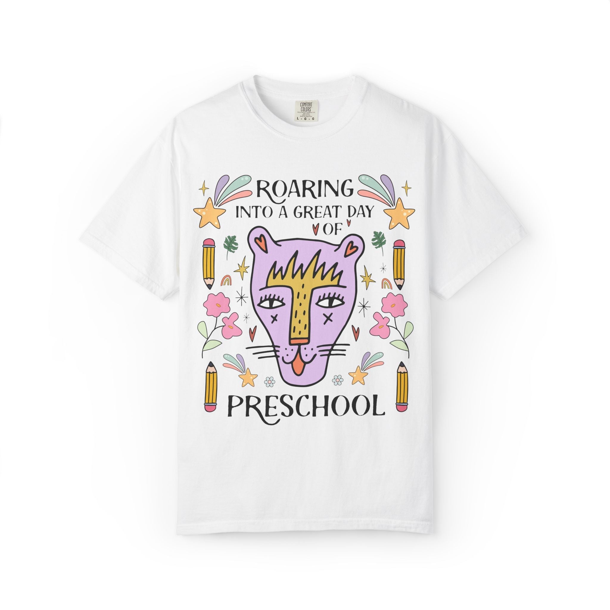 Preschool Teacher Tee Shirt: Roaring Into a Great Day of Preschool | Cute Matching Teacher or School Office Staff Tee with Pencils - Opal and June