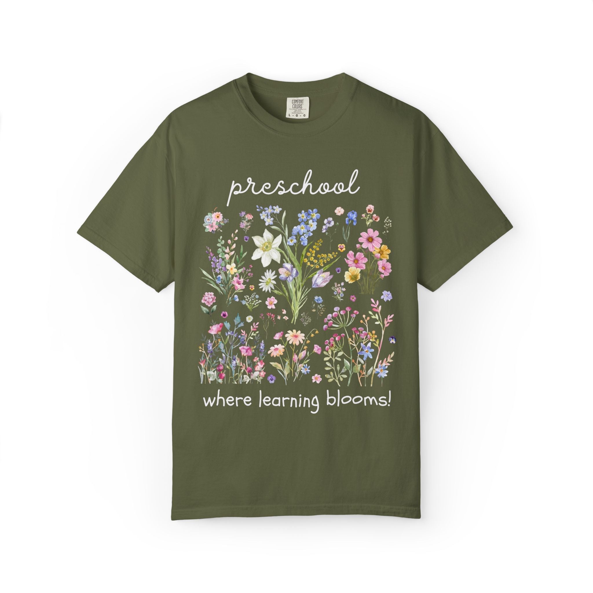 Preschool Teacher Vintage Botanical Tee Shirt: Where Learning Blooms! | Boho Cottagecore Matching Fairycore T-Shirt with Pressed Flowers, Soft Girl Style - Opal and June