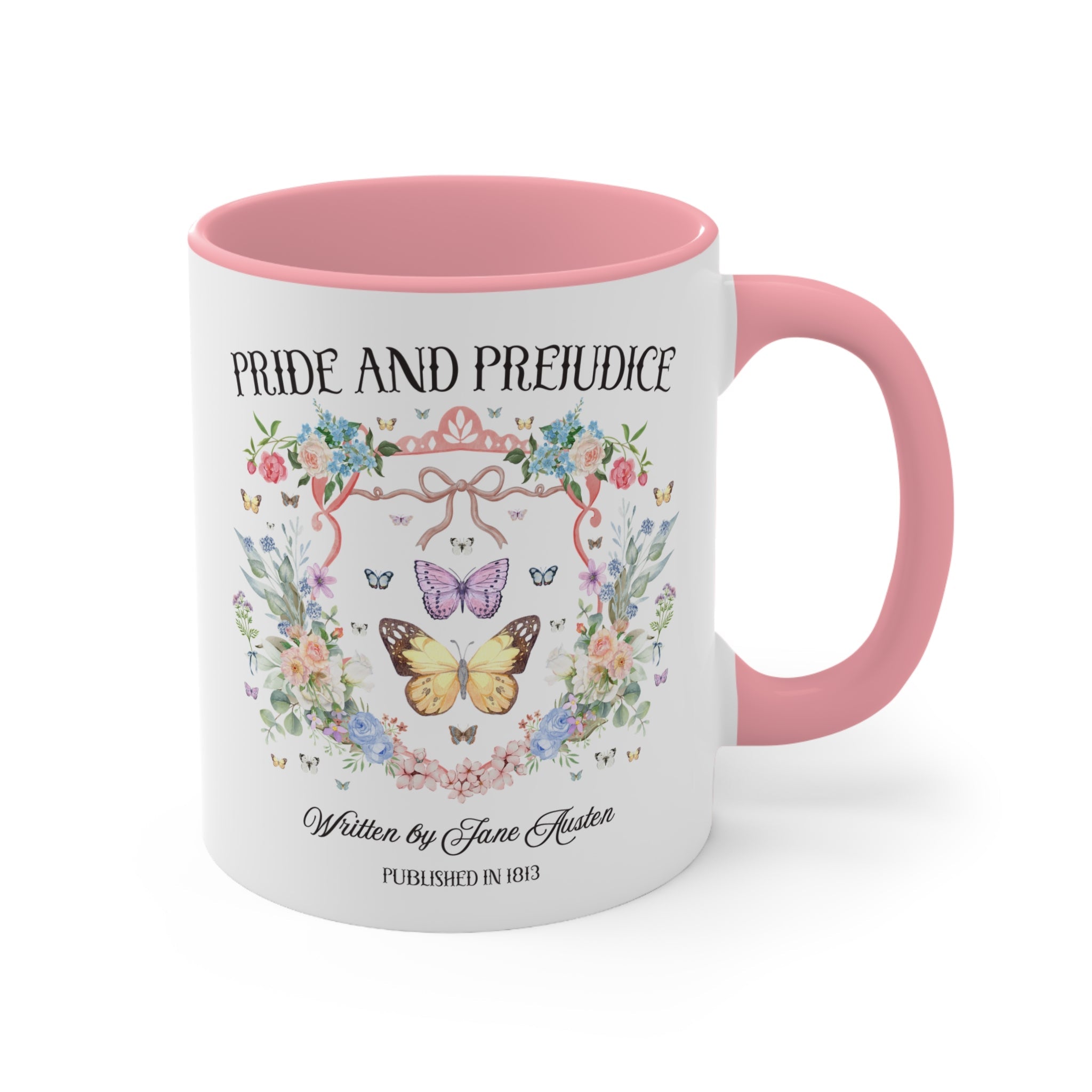 Pride and Prejudice Coffee Mug for Jane Austen Romance Reader, Cute Book Lover Gift Idea, 19th Century Classic Literature Mug with Butterfly - Opal and June