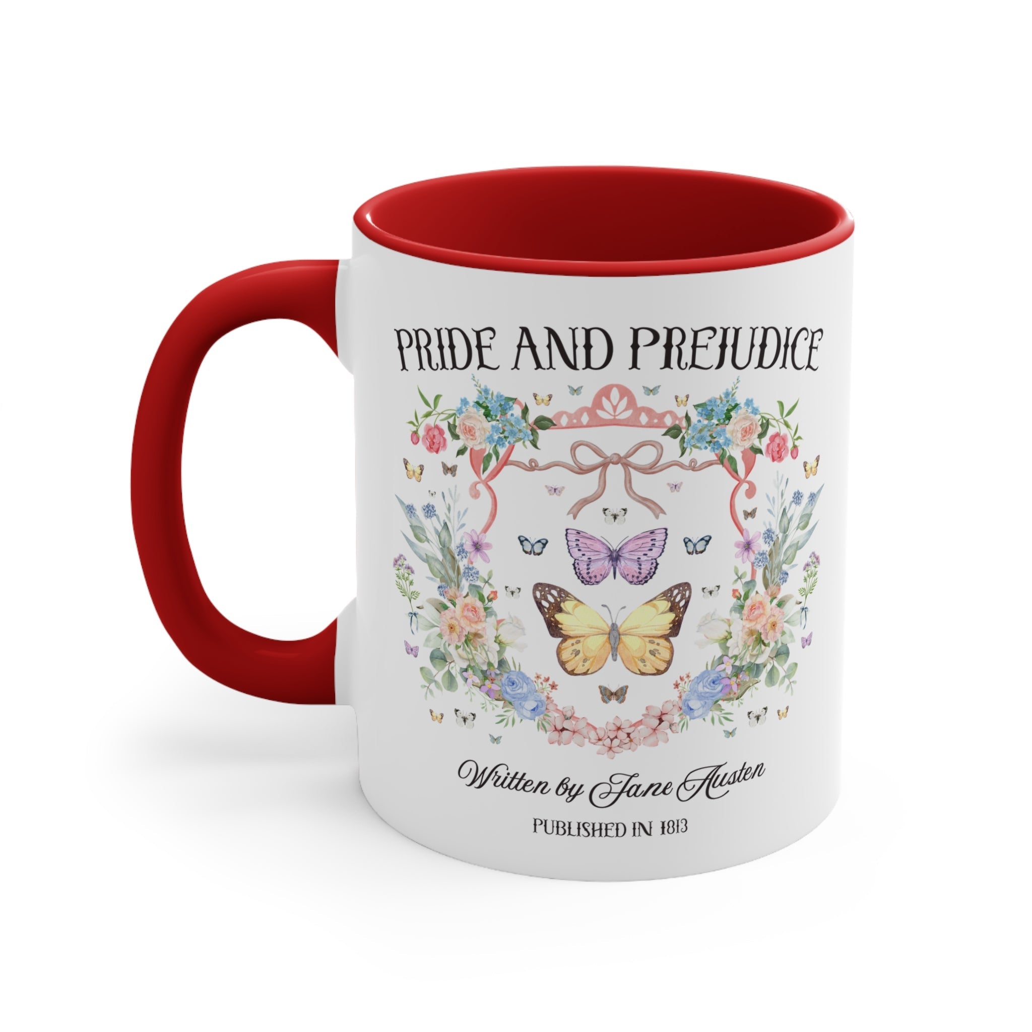 Pride and Prejudice Coffee Mug for Jane Austen Romance Reader, Cute Book Lover Gift Idea, 19th Century Classic Literature Mug with Butterfly - Opal and June