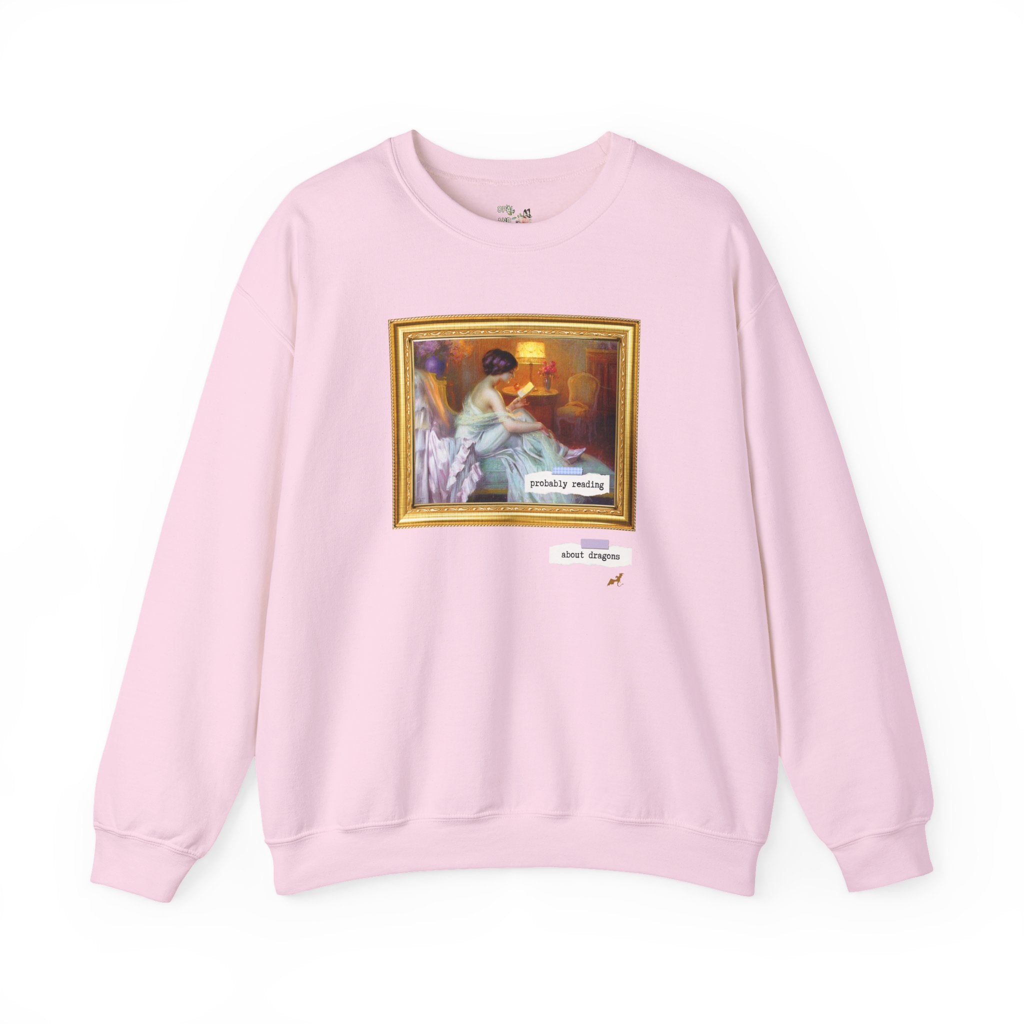 Probably Reading About Dragons: Funny Book Lover Sweatshirt, Romantasy Reader, Fantasy Romance Bookish Crewneck, Delphin Enjolras Painting - Opal and June