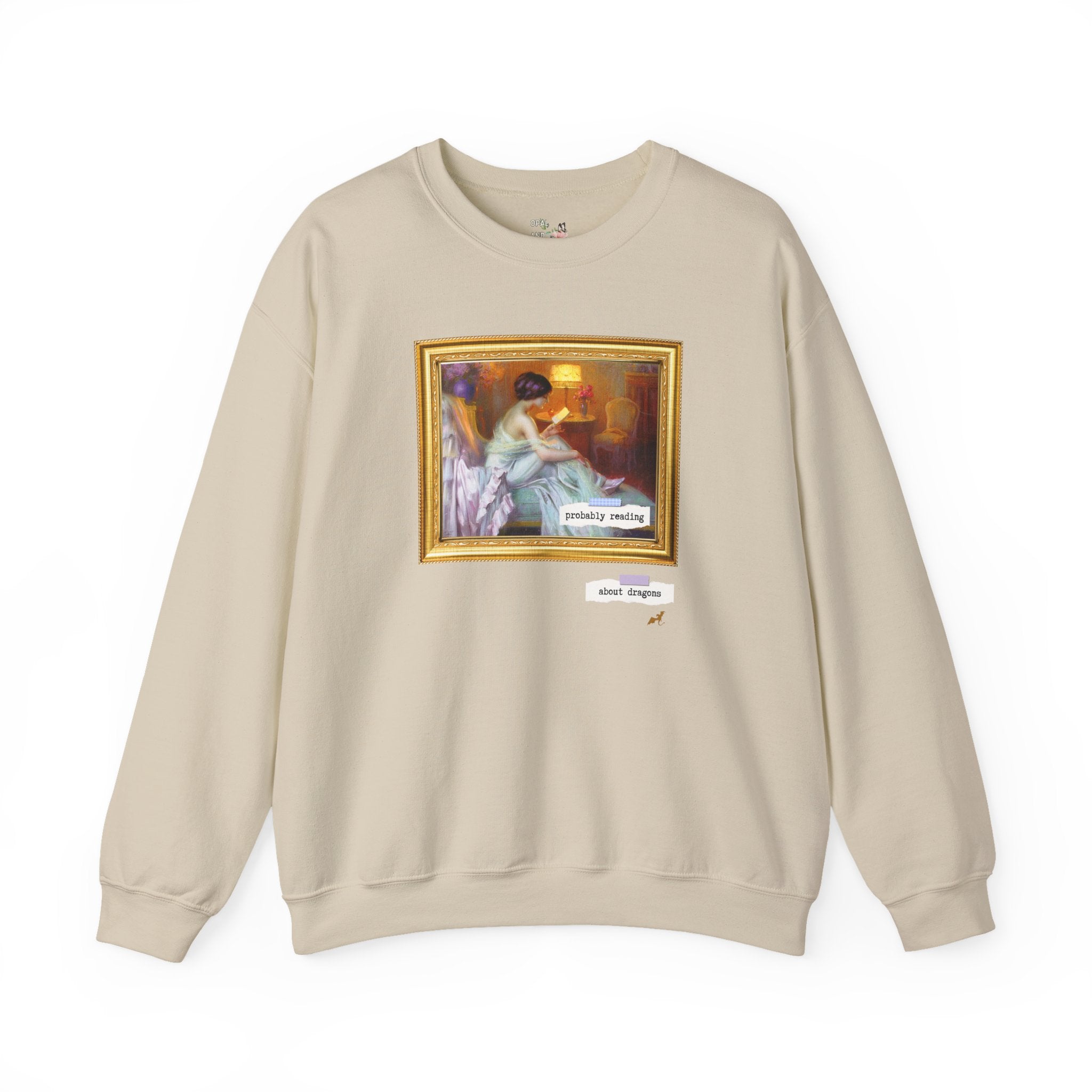 Probably Reading About Dragons: Funny Book Lover Sweatshirt, Romantasy Reader, Fantasy Romance Bookish Crewneck, Delphin Enjolras Painting - Opal and June