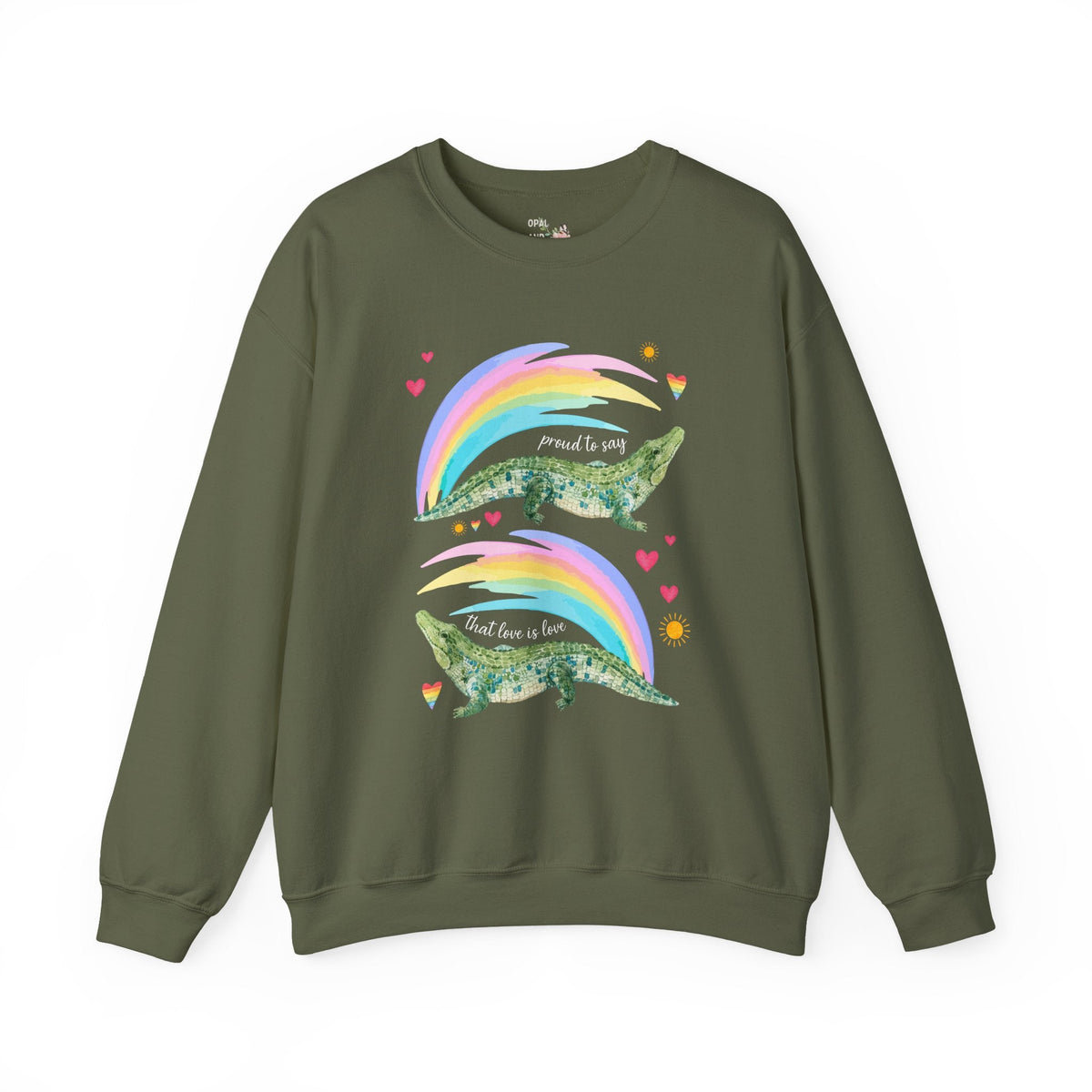Proud to Say that Love is Love: Colorful Alligator Sweatshirt with Rainbow and Hearts, Gay Rights Nostalgic Animal Lover Crewneck for Pride Month - Opal and June