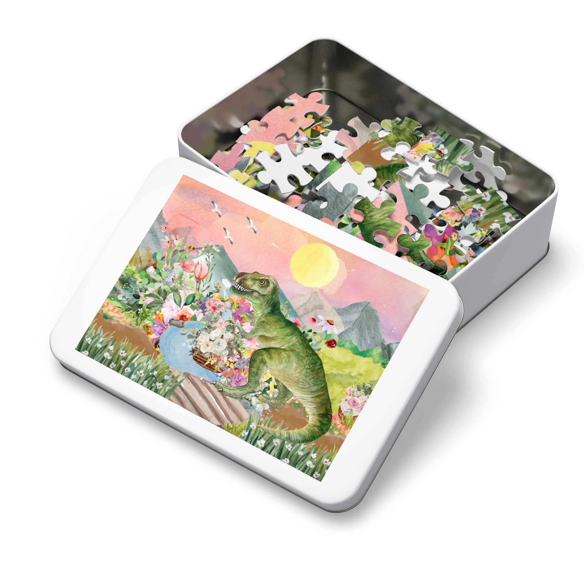 Puzzle of Dinosaur with Flowers: Funny Unique Puzzle of T - Rex Crossing a Bridge - Opal and June