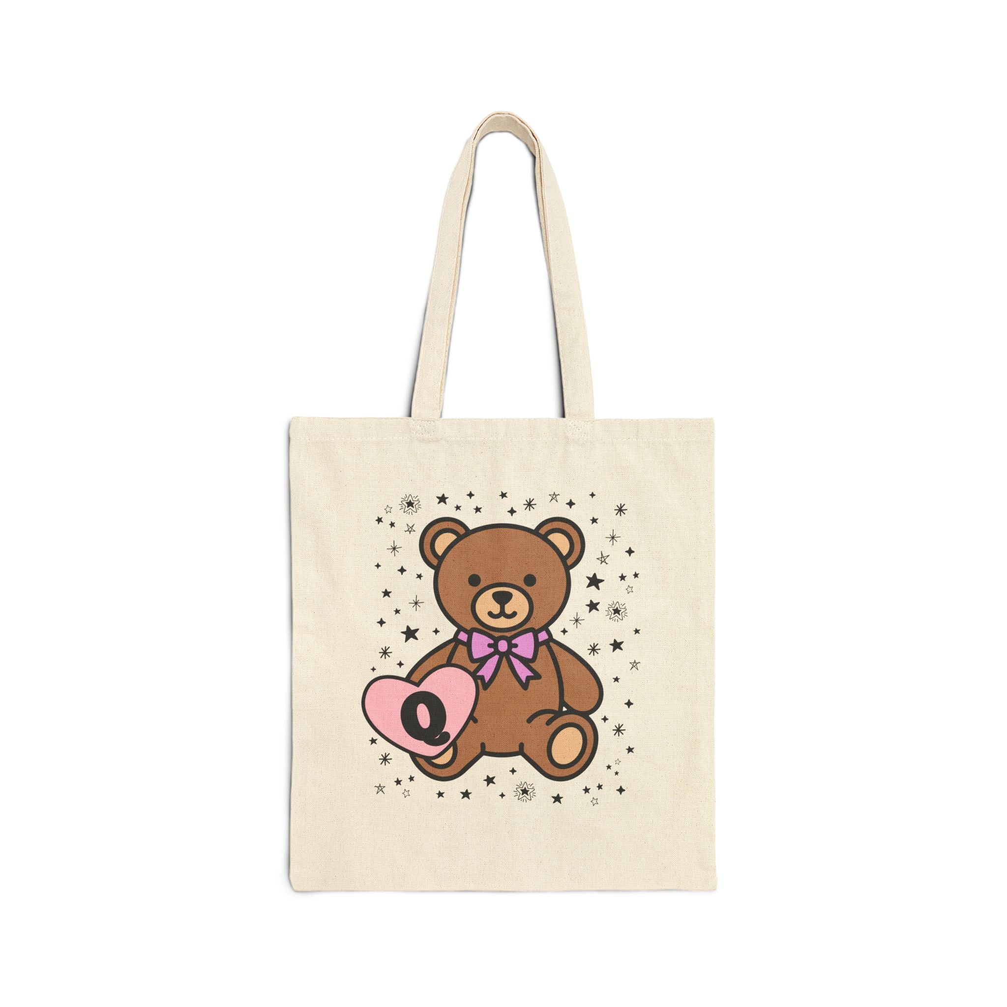 Q: Bear Holding a Heart Tote Bag with Initial - Opal and June