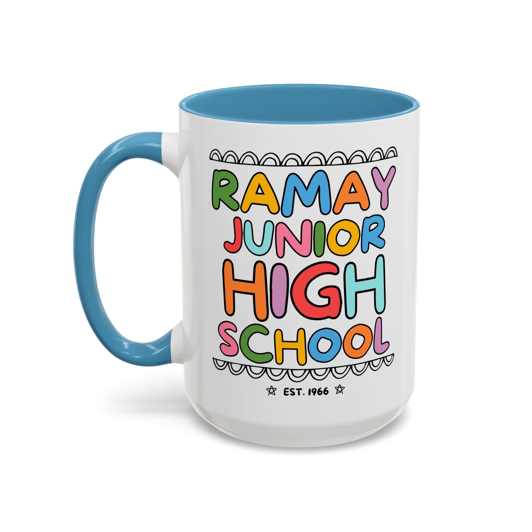 Ramay Junior High School 15 Oz Coffee Mug: Rainbow Letters - Opal and June