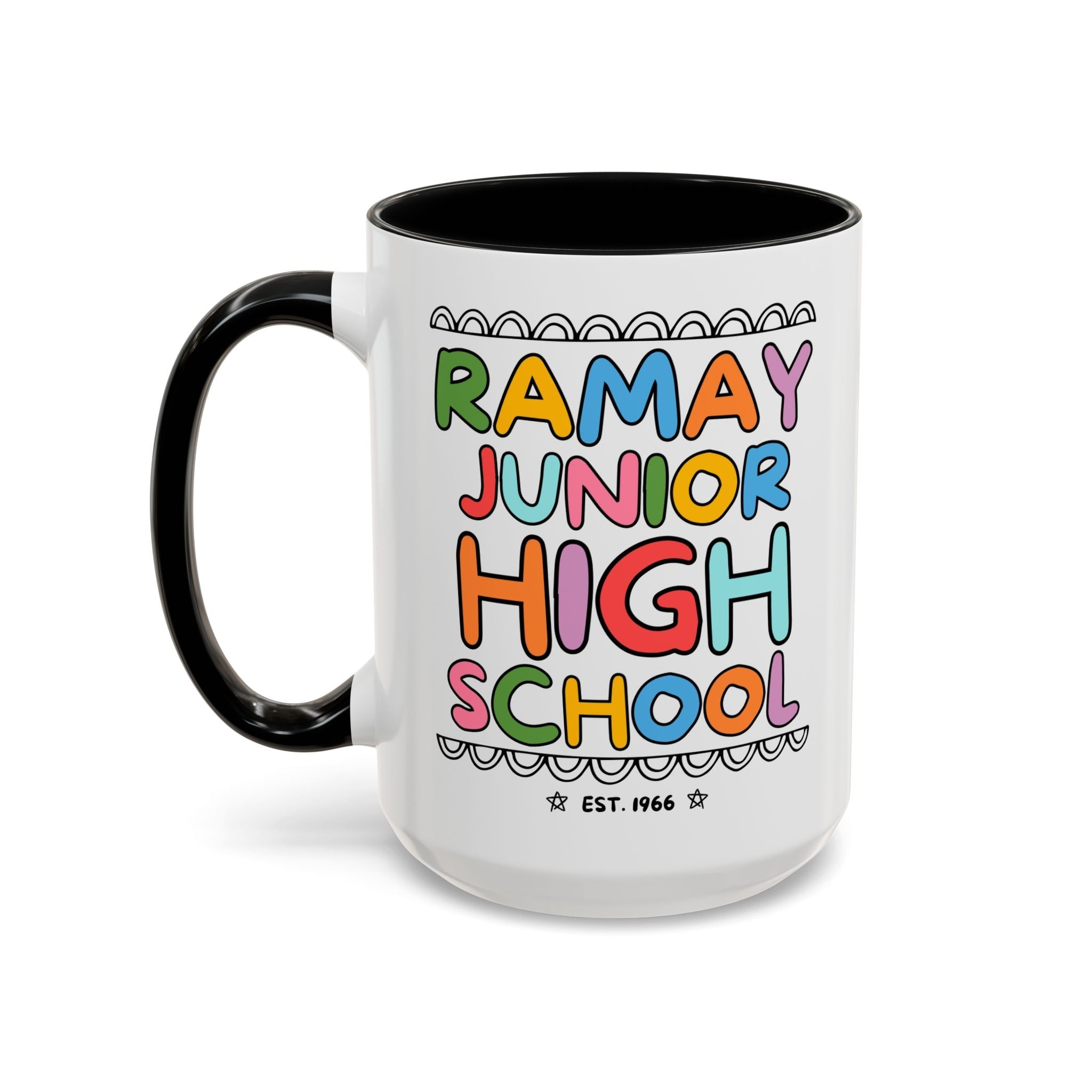 Ramay Junior High School 15 Oz Coffee Mug: Rainbow Letters - Opal and June