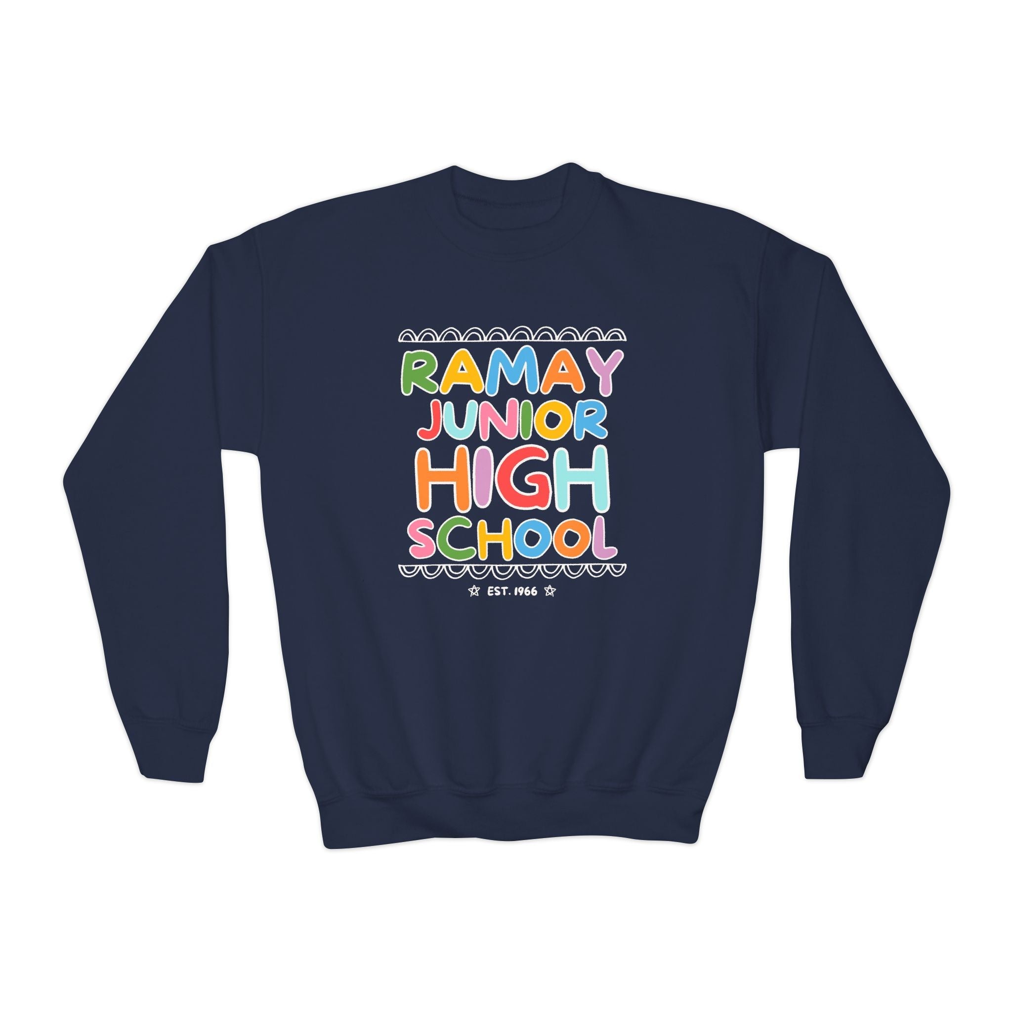 Ramay Junior High School Kids Sweatshirt: Rainbow Letters - Opal and June