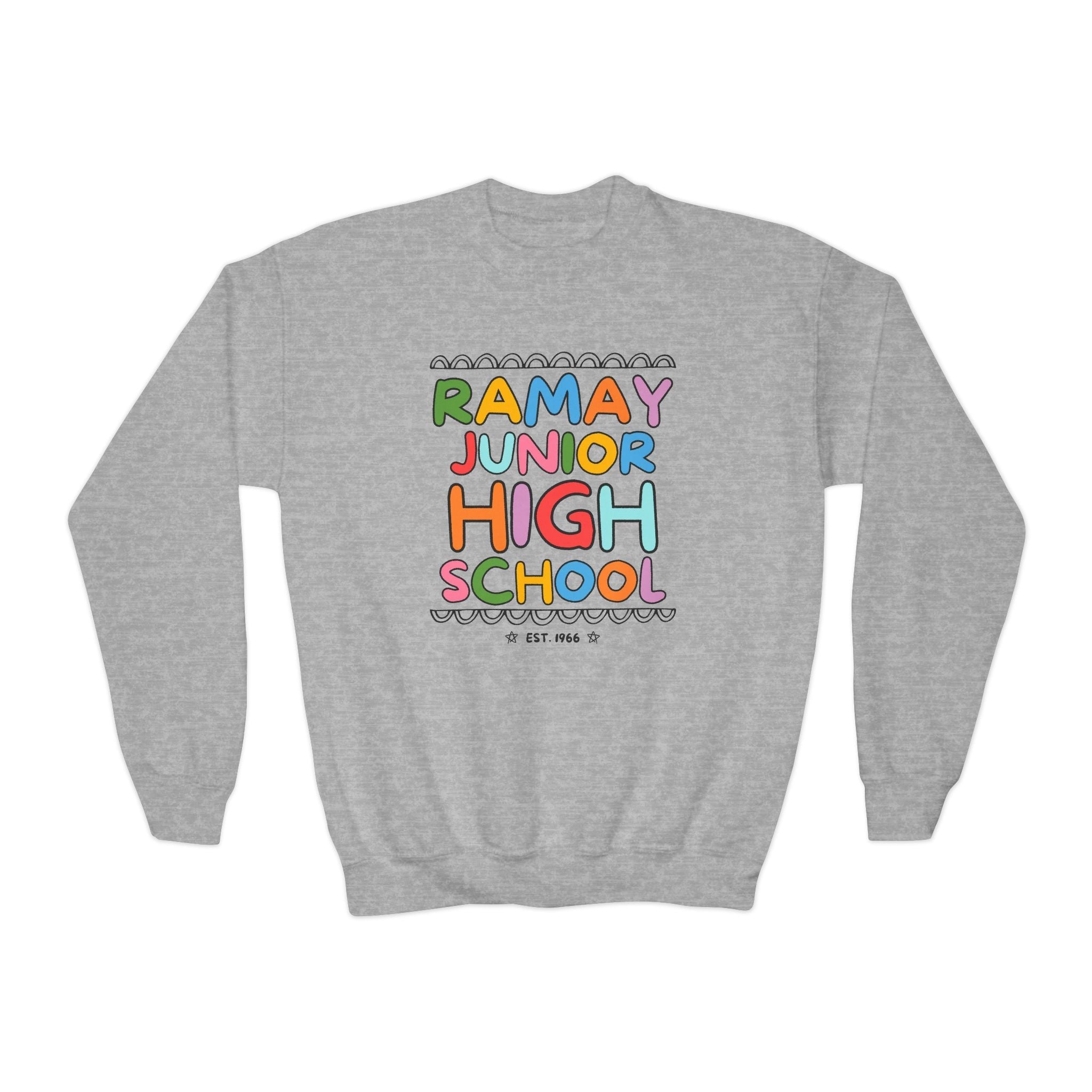Ramay Junior High School Kids Sweatshirt: Rainbow Letters - Opal and June