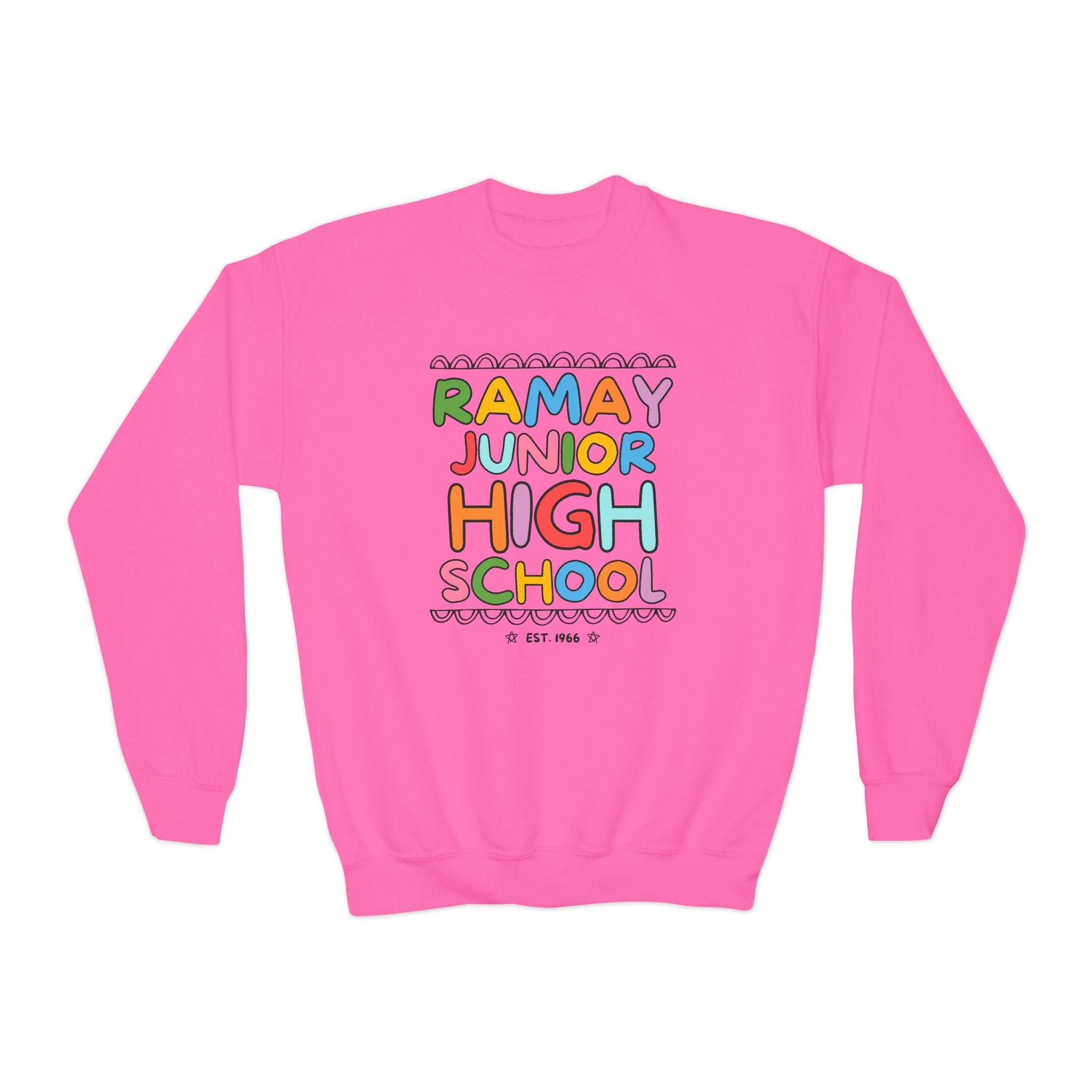 Ramay Junior High School Kids Sweatshirt: Rainbow Letters - Opal and June