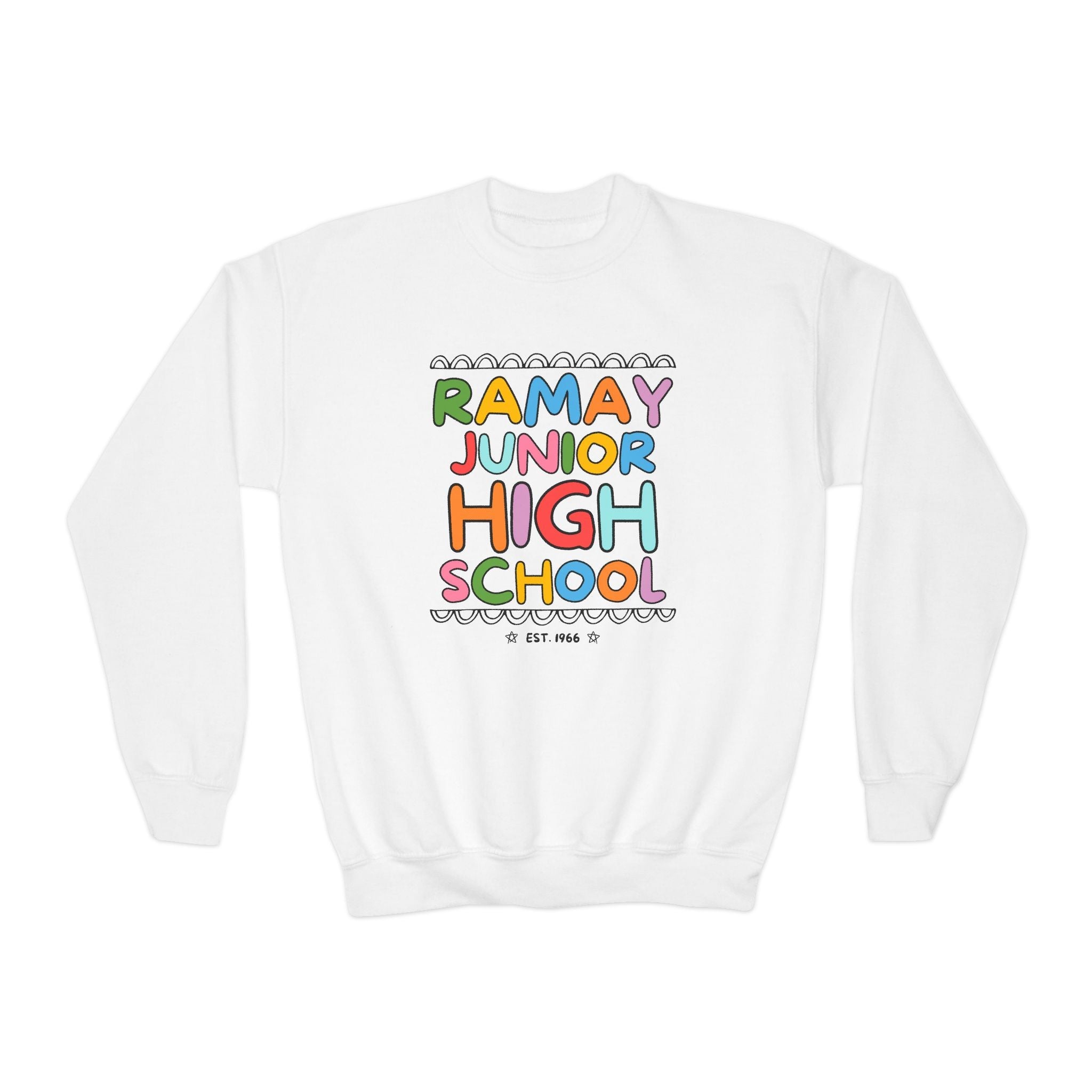 Ramay Junior High School Kids Sweatshirt: Rainbow Letters - Opal and June