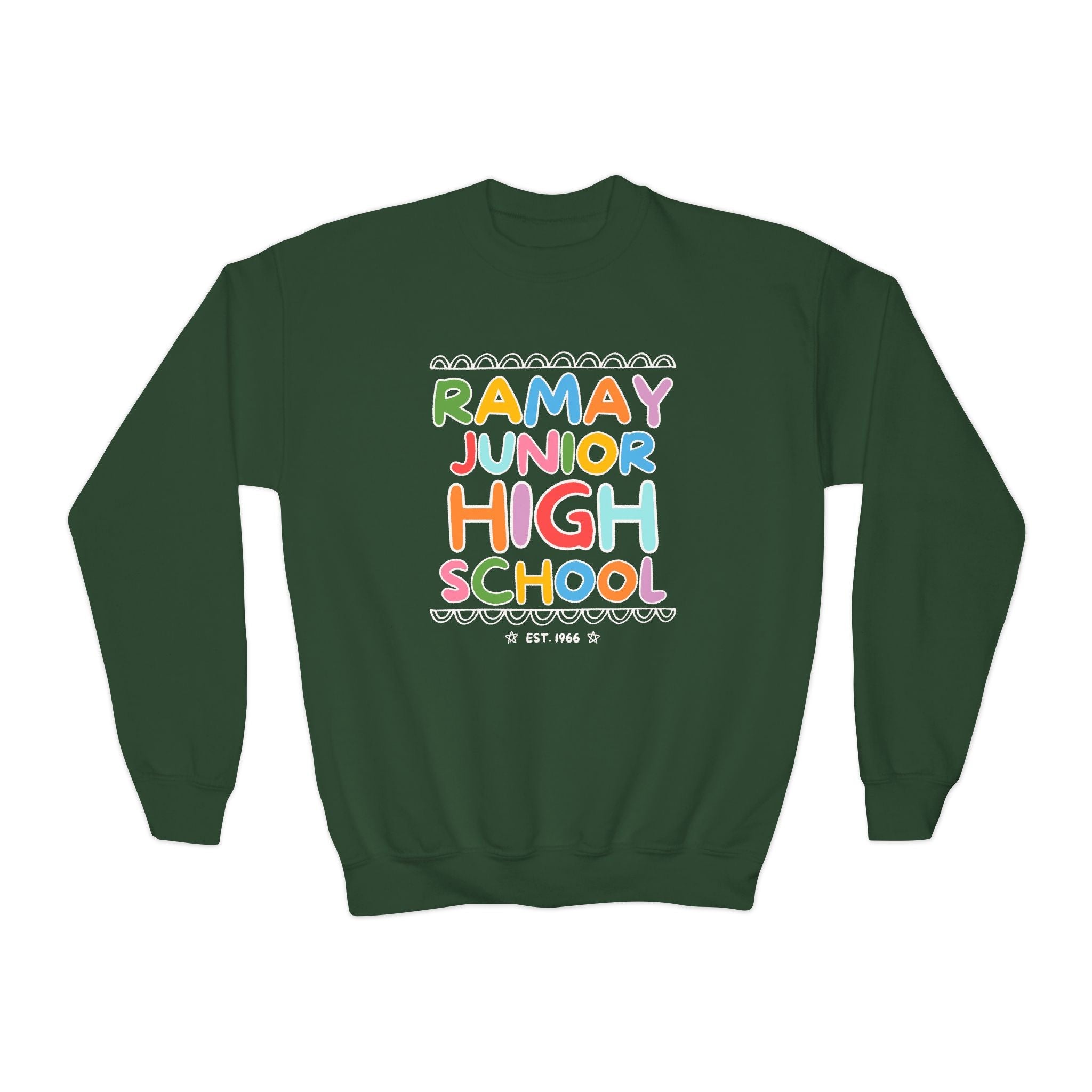 Ramay Junior High School Kids Sweatshirt: Rainbow Letters - Opal and June