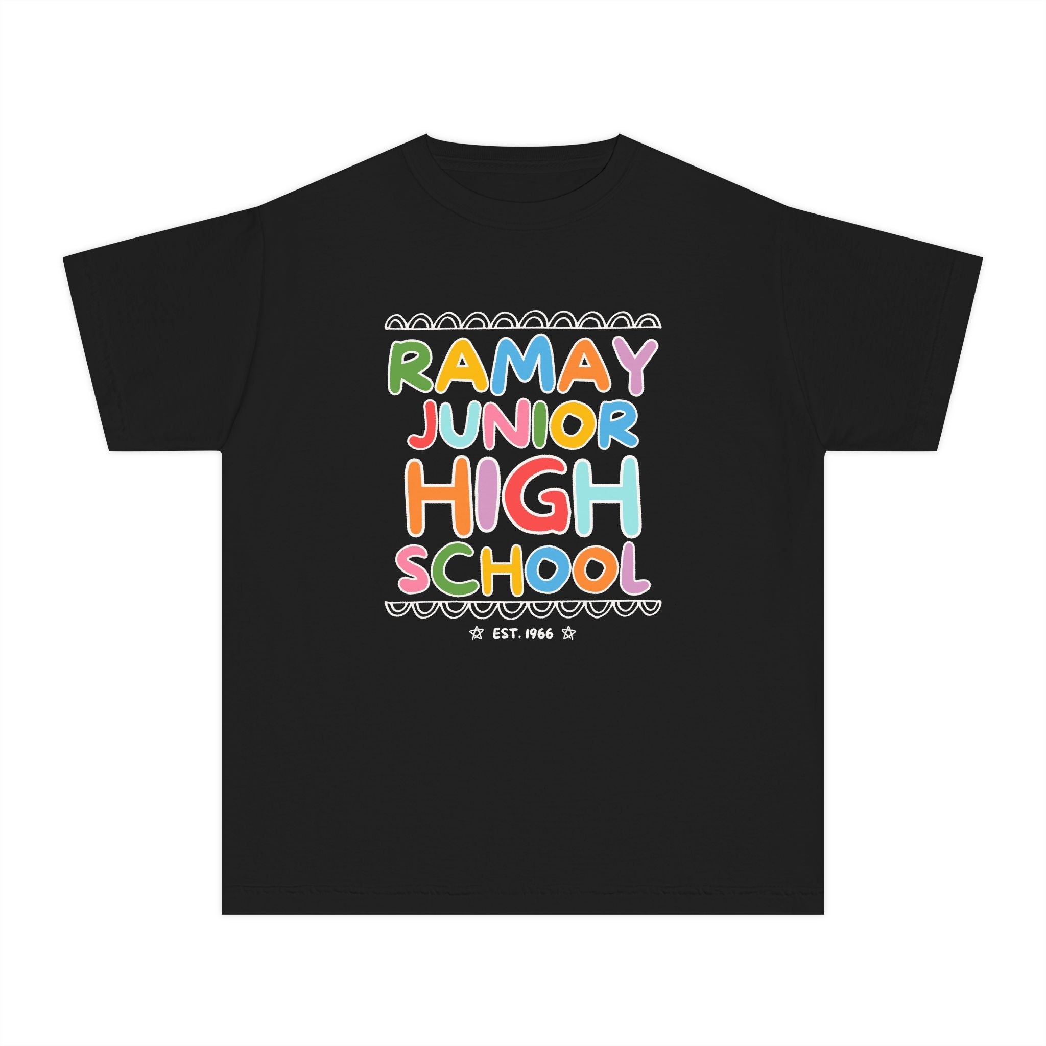 Ramay Junior High School Kids Tee Shirt: Rainbow Letters - Opal and June