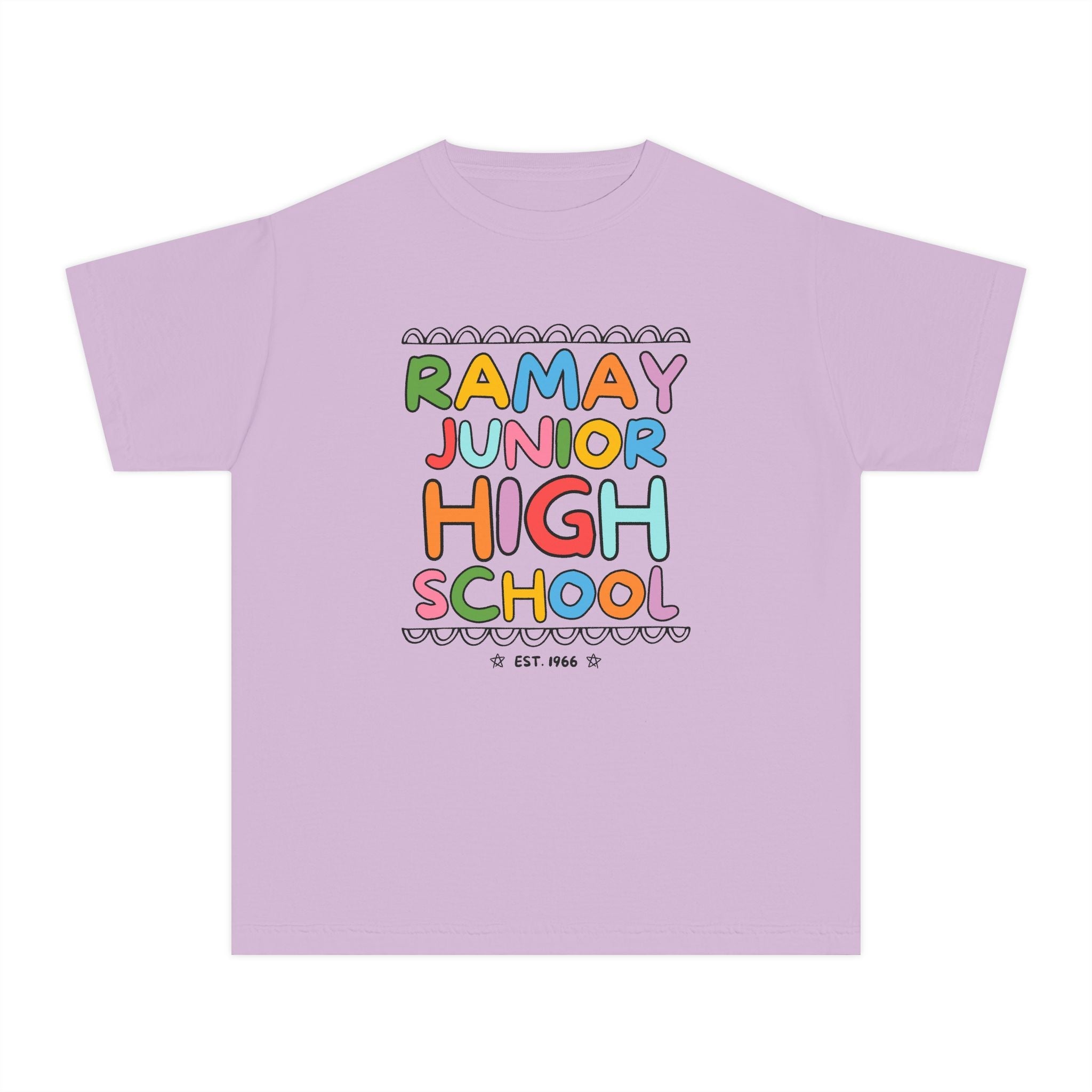 Ramay Junior High School Kids Tee Shirt: Rainbow Letters - Opal and June