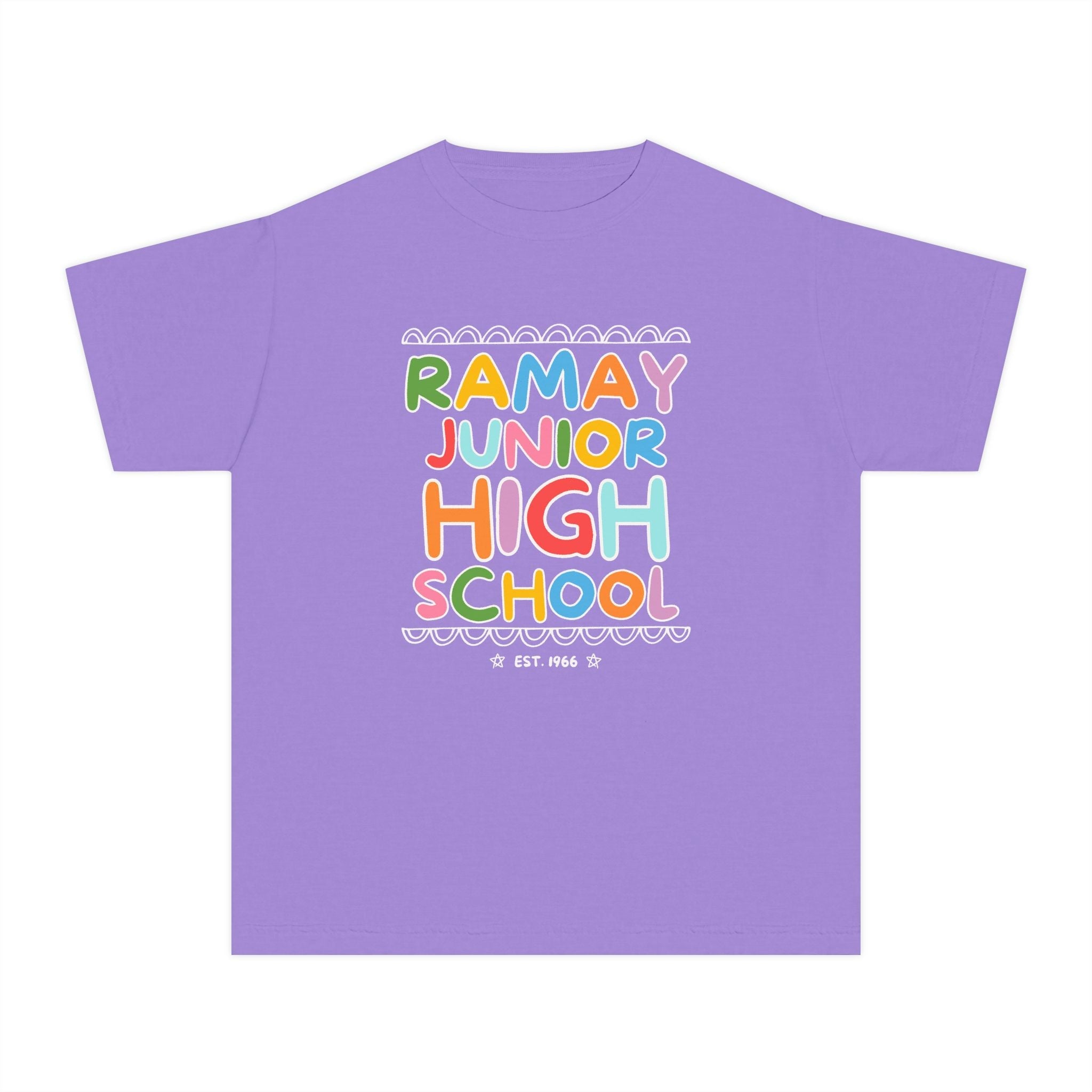 Ramay Junior High School Kids Tee Shirt: Rainbow Letters - Opal and June